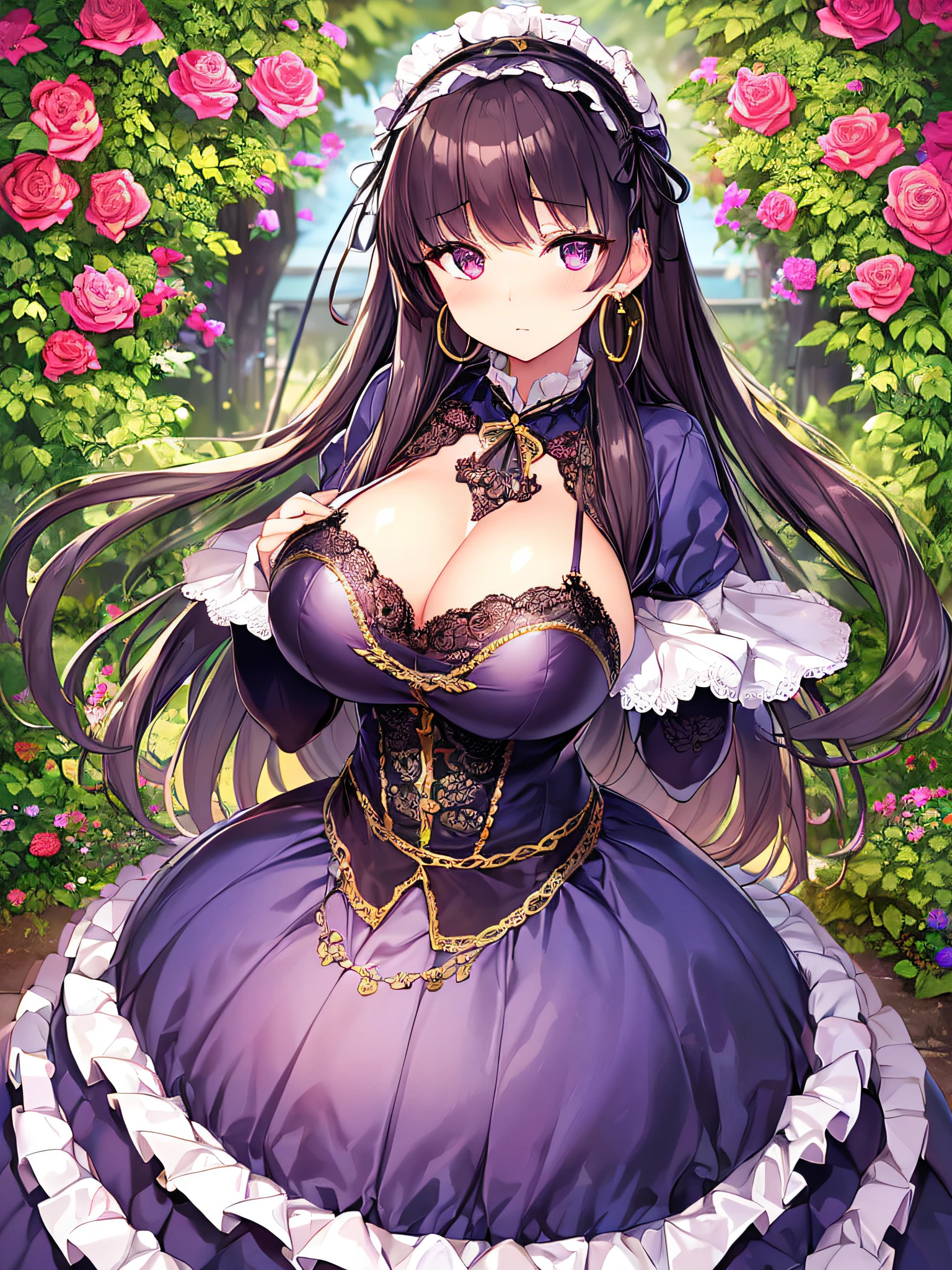 ((anime artstyle)),(Masterpiece),(Best Quality), (Super Detail),((Very Delicate and Beautiful)),(((Solo))),((full body)),(((1 princess in gorgeous lolita dress with voluminous full length hoop skirt))),((standing in garden)),Long train,(bling-bling gorgeous gemstone jewelry),detailed face and eyes,jewel-like eyes,cry,((large amount of straight hair,extremely voluminous Very Long Straight Hair)),((gigantic tits,Long tits)),cleavage,(gorgeousfull embroidery and lace),gorgeous corsage,See-through,((extremely gorgeousfull lolita hair ornament)),bling-bling extremely gorgeousfull jeweled tiara,ornate ruffles,beautiful embroidery,(hoop skirt,crinoline),flowers, flower petals flowing,((Dynamic Angle)),Looking at viewer,((full body)),((extremely gorgeous  lolita dress with voluminous full length hoop skirt))