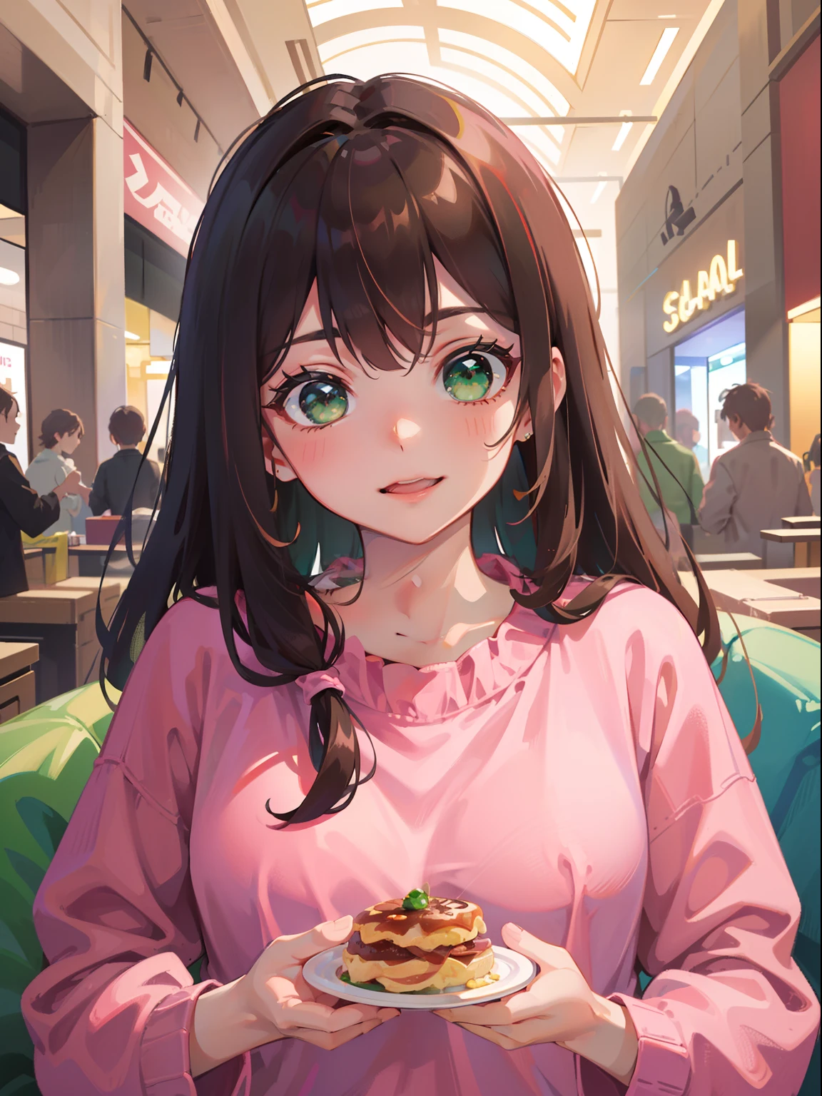 masterpiece), best quality, beautiful detailed hair detailed face, ultra high res, sharp focus, ((1 woman, solo)), perfect feminine face, upper body, medium close-up, (at the noon time:1.2), (in the mall:1.3), chesnut brown hair, ((beautiful shape eyes, green eyes)), look at the viewer, long hair, smiles, (pink comfy clothes:1.2)