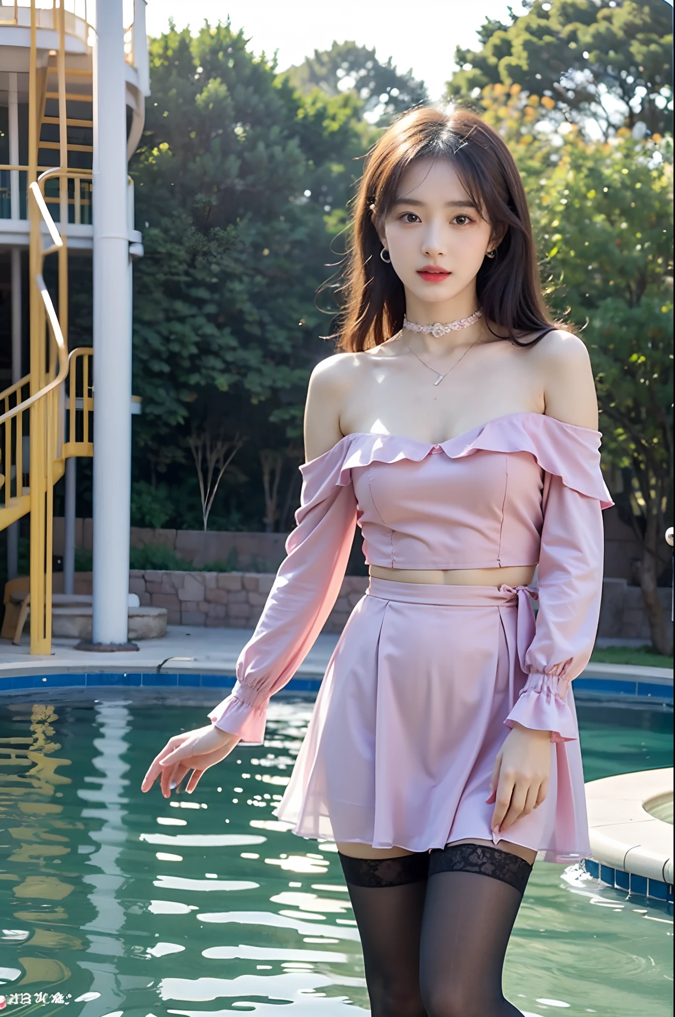 (High-resolution 8K raw photos are realistic,best qualtiy,),(Stylish long-sleeved off-the-shoulder top，Mini water pattern skirt),(Seven-doppelganger shot,中景 the scene is),(Brown hair),Skinny and small,beautidful eyes,Super detailed face,Beautiful woman,tight-fitting,Big breasts Thin waist,Bigchest,Teenage uncensored,cute female ,Glowing skin,20yr old,(waterpark，The fountain，rainbowing，rays of sunshine:1.3)，Sharpen,Chiffon,Gauze skirt，lacing，Front light，(Solo:1.2,)cleavage,Hands to hearts，visitor，Clear black stockings,pool，crowd of，public，corsage，Issuing，choker necklace，eardrop，Tattooed with