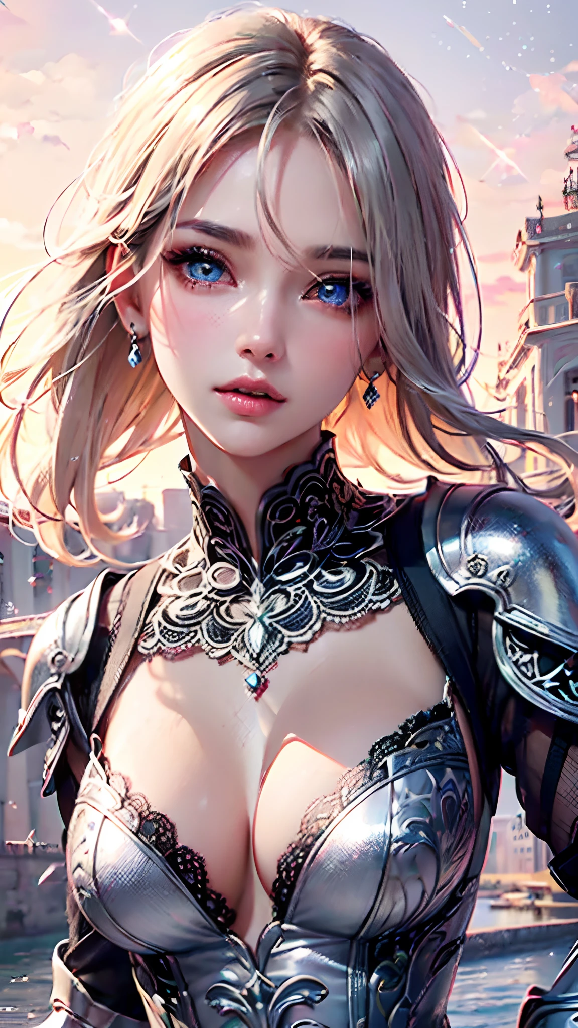 Realistic, Hyper Detail, Girls Only, Layered Bob, Dynamic Lighting, ((Bold imaginative pose)), (Glossy skin: 1.5), Masterpiece, Top Quality, Absurdity, Watching Viewer, (blonde hair, pink gradient hair), deep Purple Clear Eyes,((Beautiful, detailed eyes, jewel-like eyes, colorful eyes, sparkling eyes:1.3)), Slender, High Resolution, Sharp Focus, Depth of Field, Detail Eyes, Sharp Eyes, (Realistic Eyes)), outdoors, sunrise sky, (attractive delicate design river trimmed lace dress, (intricately patterned silver armor wearing): 1.3))