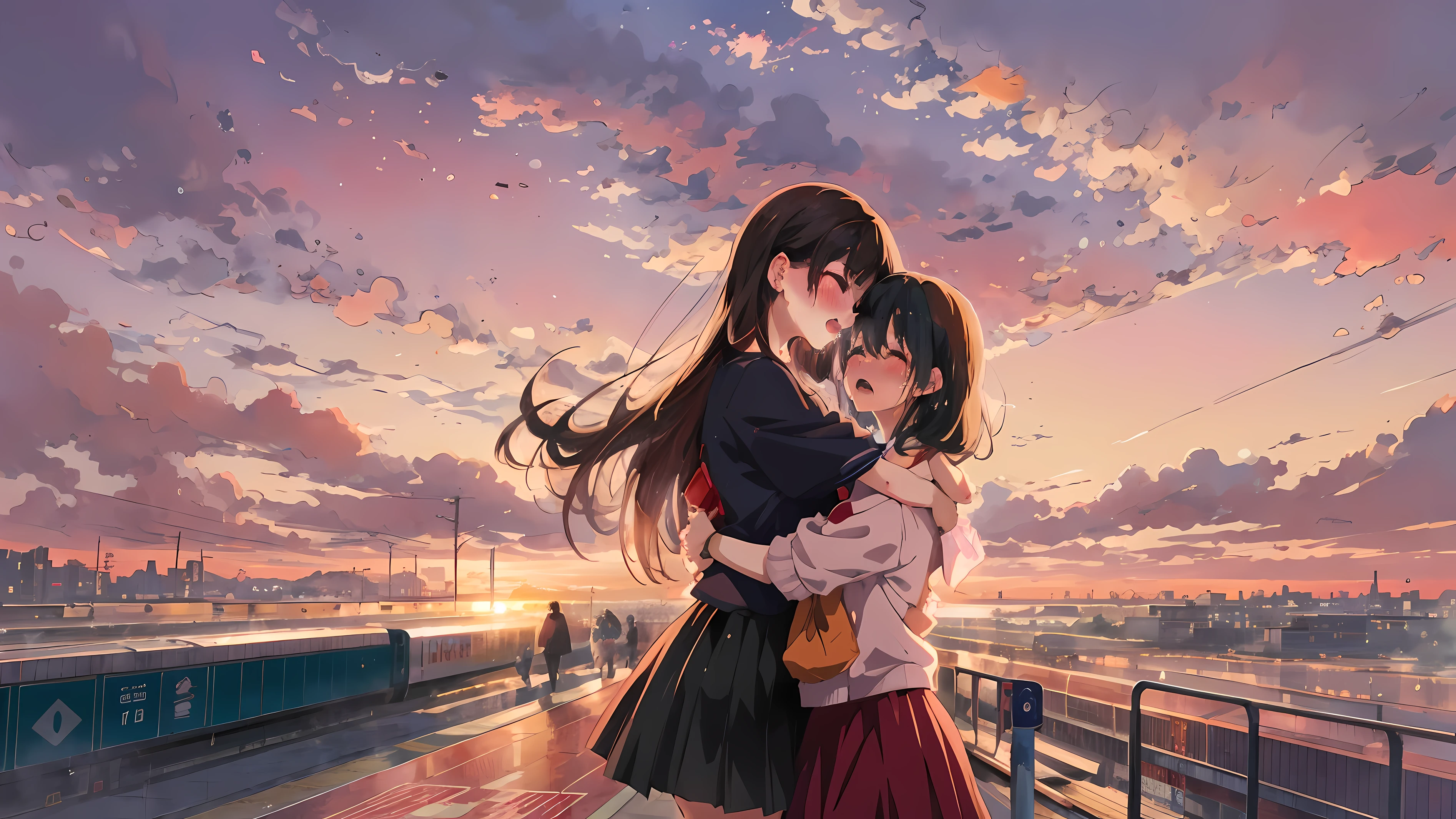 Two anime-style women hugging together on a train platform just before sunset, Long hair, 2girls, Multiple girls, skyporn, Outdoors, cloud, Black hair, Skirt, Crying