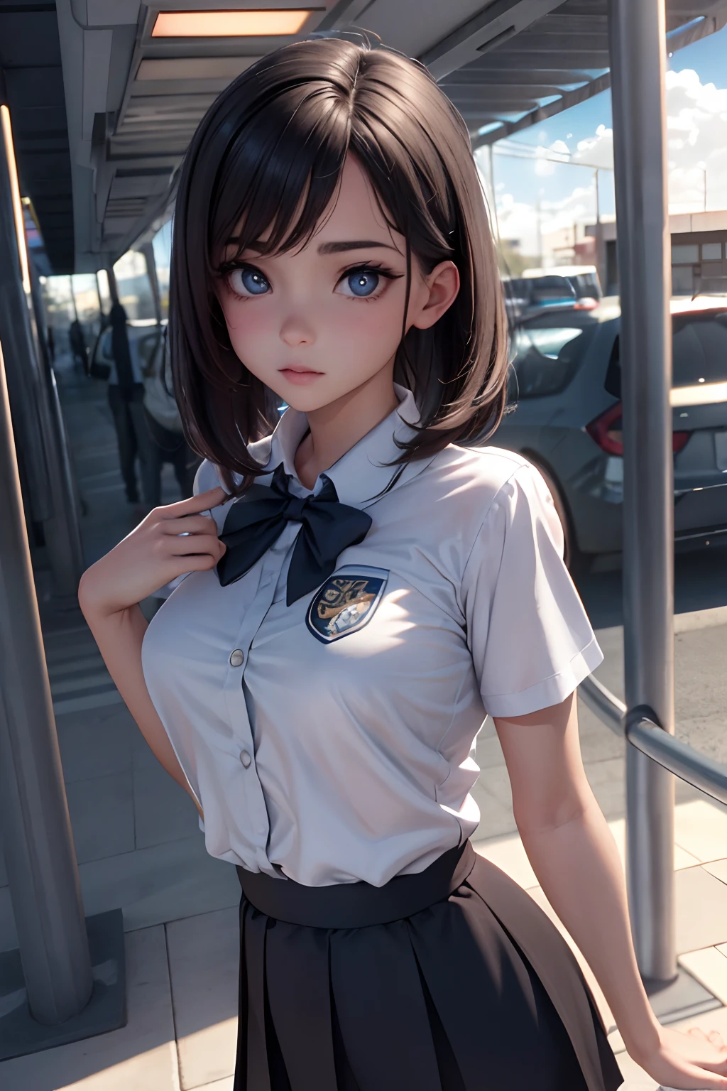 1menina, cabelo loiro, uniforme escolar, sentado em um banco, waiting for the bus, bus station, fundo da cidade, olhos perfeitos, perfect hands, ultra alta res, cinematic angle, profesional lighting, melhor qualidade, obra-prima, side-lighting, clear, foco perfeito, bokeh, fotorrealista, (olhos bonitos finamente detalhados: 1.3), realista, (rosto 3d: 1.1), (pele lustrosa: 1.5), (intricate ultra high resolution face details), (poros da pele do rosto: 1.3), ultra high res cloth texture, detalhes dos olhos de 8k, pupilas de 8k,middlebreasts, coxas grandes