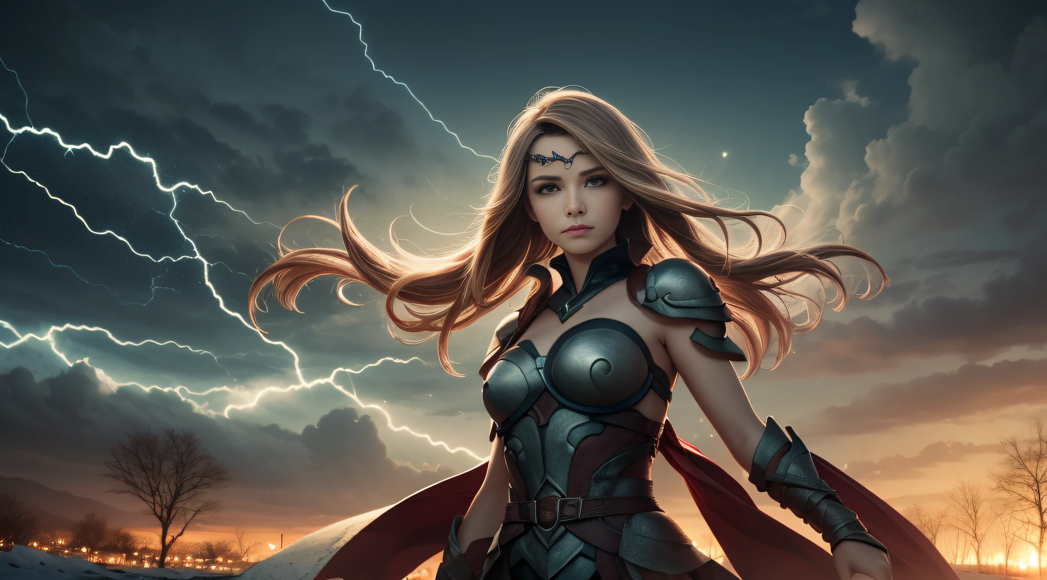 Uma mulher elfa alta e bonita, com pupilas azuis, desprezo nos olhos, a cold expression, uma postura altiva, peito para cima, armadura de luz dourada por todo o corpo, olhando para cima, Spinning wind, lightning around the character, neve, inverno, tempestade de neve, fundo complexo noturno, altamente detalhado, (sombrio:1.3), Escuro, esmaecido, HDR,