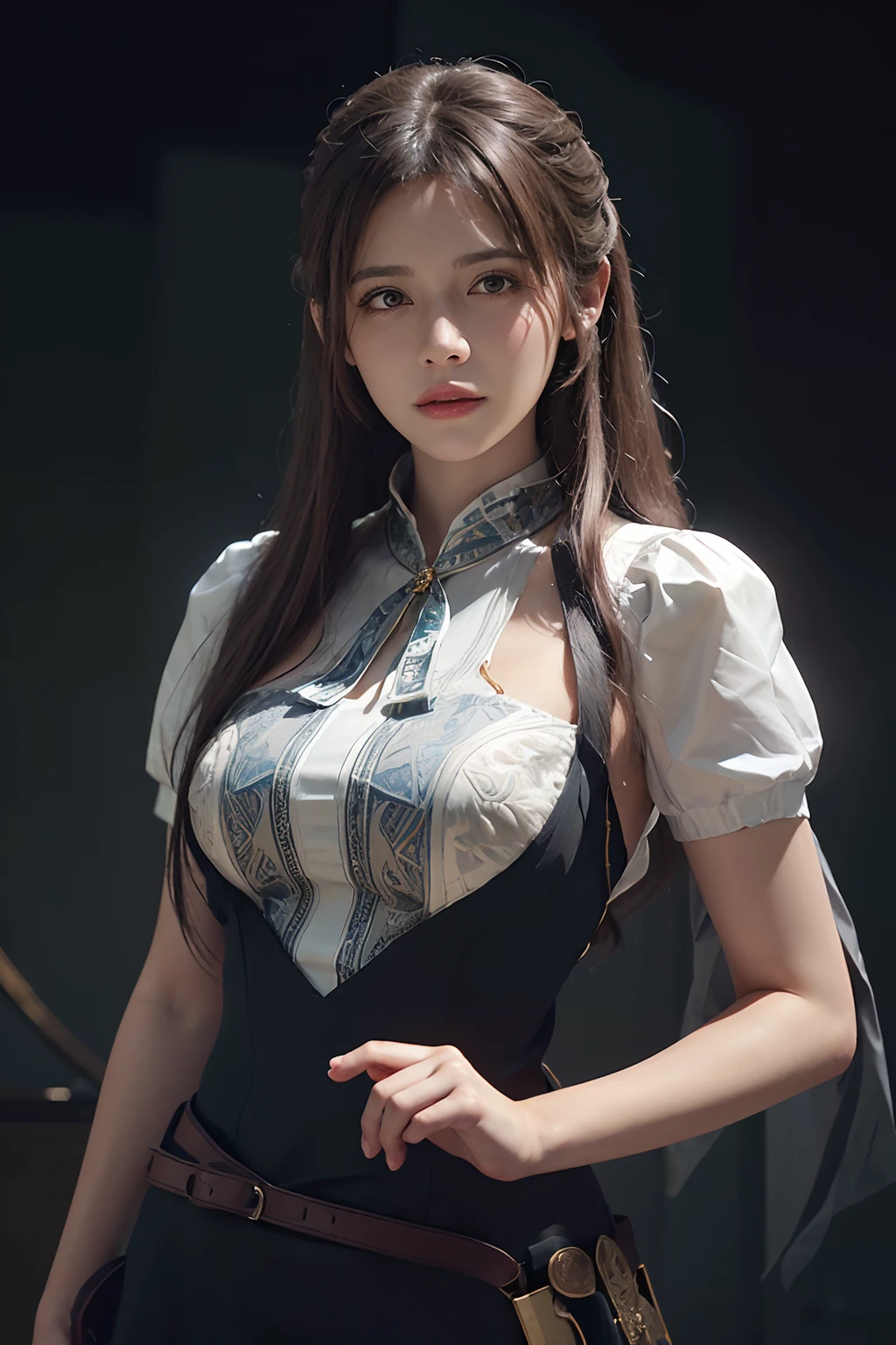 Hyperrealist portrait of female by david hockney and alphonse mucha,fantasy art, photo realistic, dynamic lighting, artstation, poster, volumetric lighting, very detailed faces, 4 k, award winning,, 1girl, in the dark, deep shadow, low key,cowboy shot,(official clothing:1.4) ,long hair,white hair,