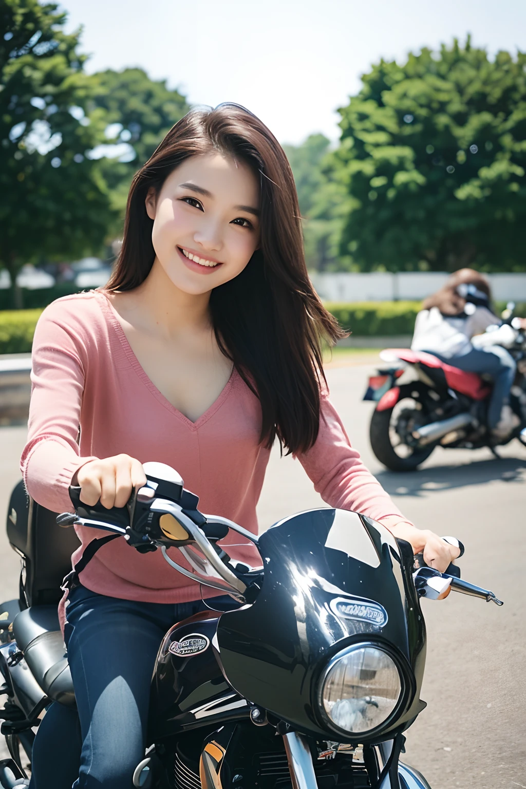 (extra detailed body、extra detailed face、best qualtiy:1.2)、femele、looking at the viewers、(15yo girl、a smile、I want to ride a motorcycle)、(Motorcycle on background:1.4)
