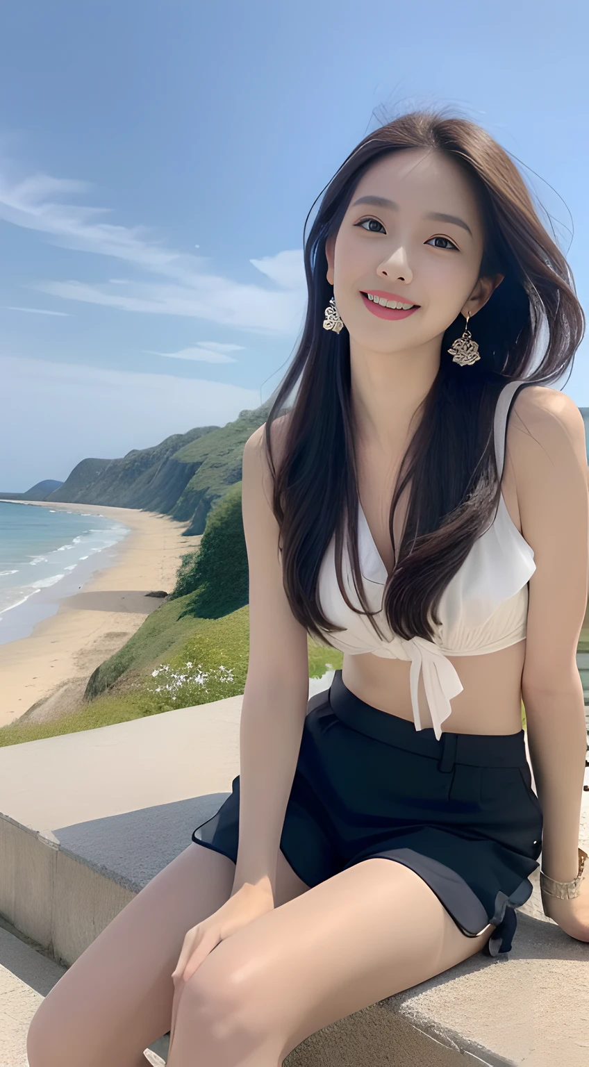 ((best qualtiy, A masterpiece in 16K quality:1.3)),a young, Beautiful and cute Korean actress,Full body photo,Extremely beautiful and delicate,Black color hair,Pouting and smiling,Delicate and beautiful fair skin,Realistic and realistic,exquisite and complete facial features,Detailed depiction of the face,tall nose bridge,Smooth hair,extremely detail hair,Feminine temperament,Tall and tall,Thin,Realiy,White teeth,Tied up with hair,Hyper-realism,sandals,full body shot shot,Forward tilt angle,Extreme picture quality,Highest precision,Precise and perfect human anatomy。with blue sky and white clouds,with blue sky and white clouds,rays of sunshine,Cows, sheeps, (Chiffon tops,Chiffon shorts)(telephoto shot,)Express the landscape,Highlight portrait。Sitting on the beach by the sea。Wearing earrings