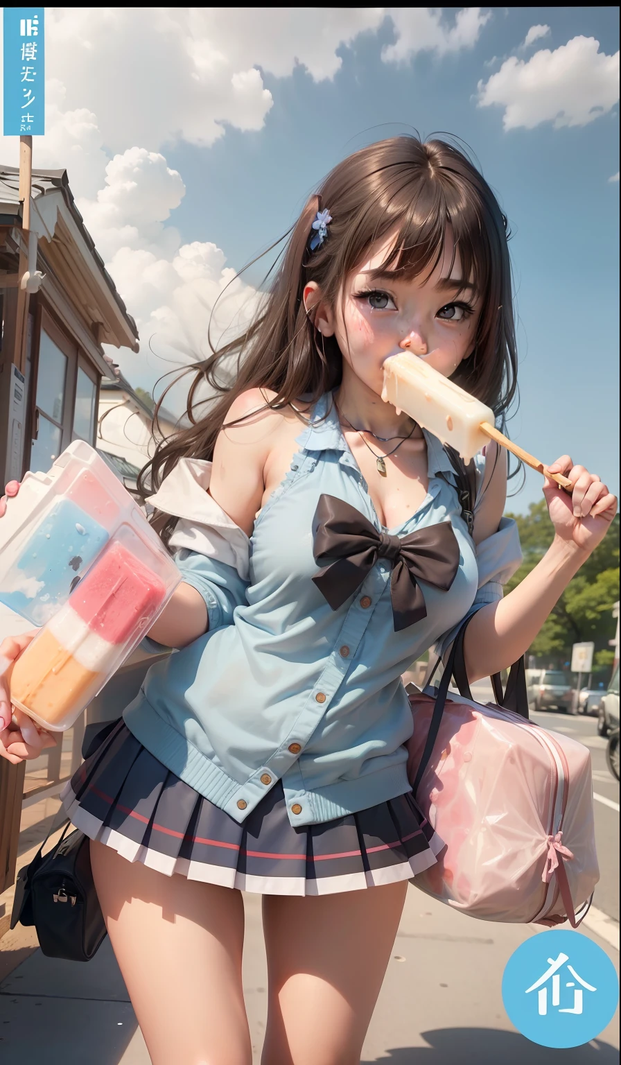 、a miniskirt、a picture、​masterpiece、top-quality、blue open sky、open legs with large breasts,,,,,,,,,、(Sexy mini skirt:1.3)、Refreshing look、is standing、Face like in the photo、Brown hair、panties focus、About 30% of the popsicles are melted.（Melted liquid drips onto the chest or costume）、realisticlying、realisitic、Beautiful expression、Japanese face、Raw foto、Licking popsicles