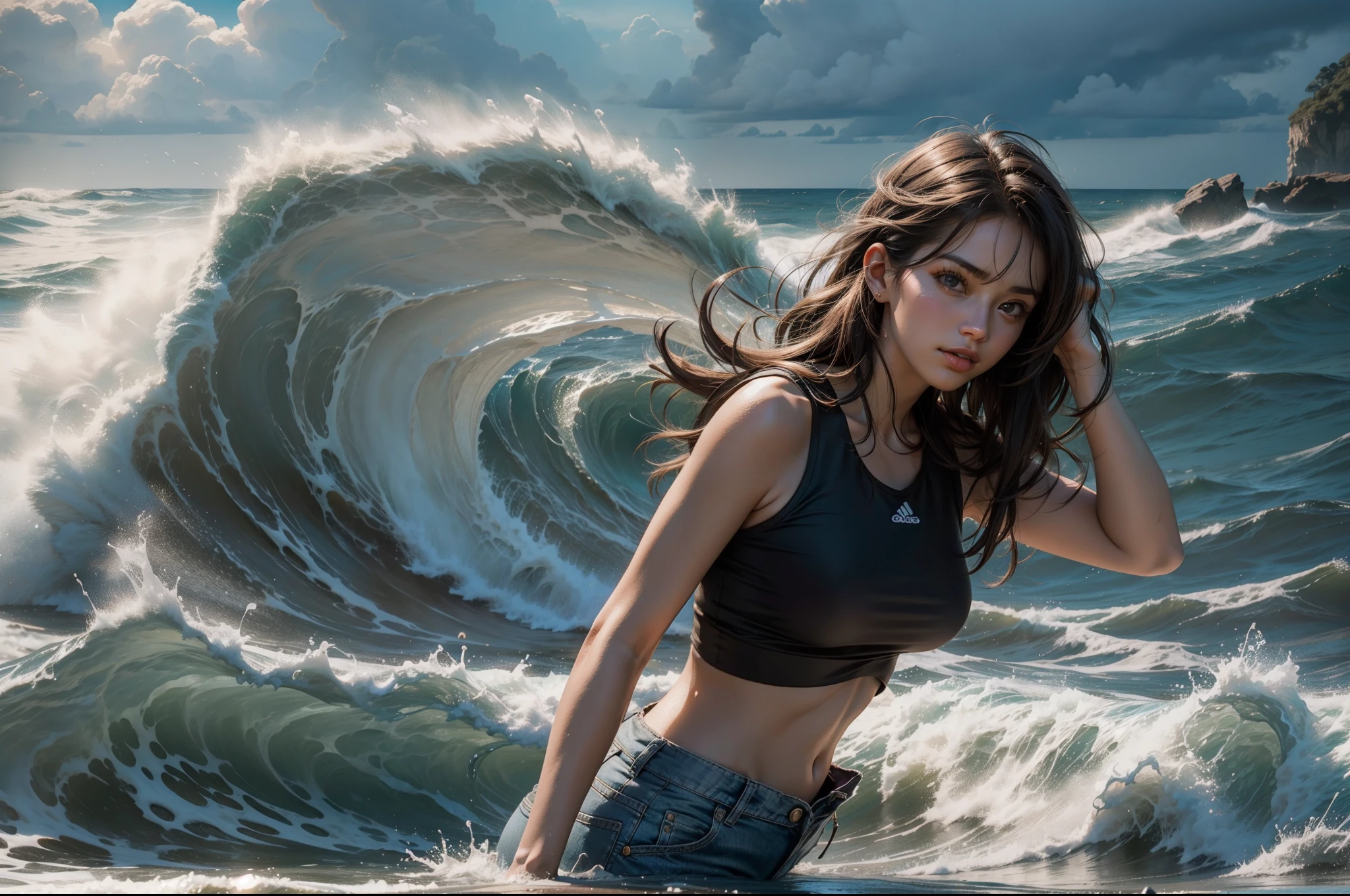 A young woman on a rocky beach, wearing just bermudas and top, she is under the natural eave made by an overhang rock, she is trying to protect her body from the hail and rain that fall from the sky, she looks scared, bitting her lip. Big wave, rough water on the sea. Stormy weather, rain, hail. Illuminated by natural light, ray tracing.