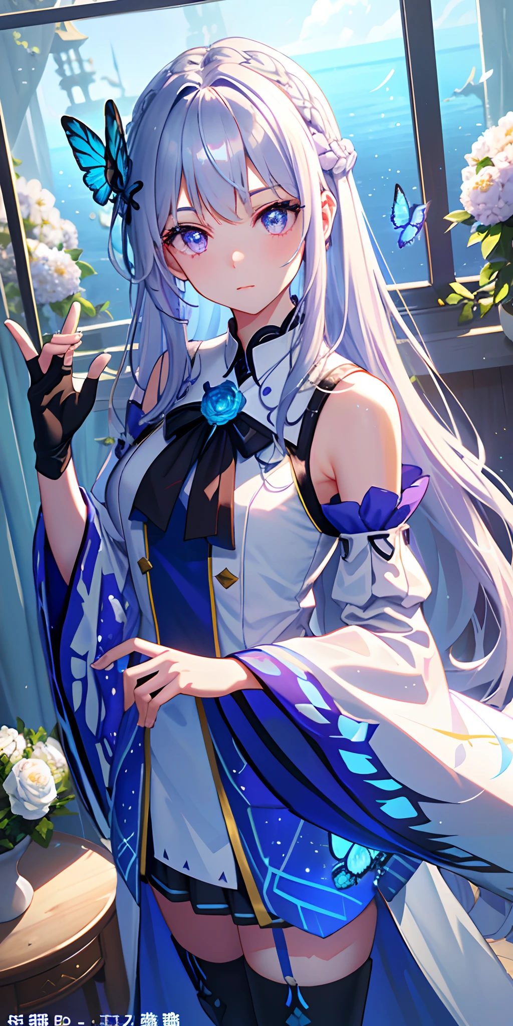 (down view),Dynamic Angle,Ultra-detailed, illustration, Close-up, straight on, 1girll, (fantasy:1.4), ((Purple eyes)),Her eyes shone like dreamy stars,(Glowing eyes:1.233),(Beautiful and detailed eyes:1.1),(Silver hair:1.14),(Messy hair,Very long hair,french braid,hair between eye,side locks), (+(bule hair flower:1.14)),(Chiffon dress,bule flower pattern in uniform)/=(army suit:1.24),(Detached sleeves,Wide sleeves),(Fingerless gloves),choker necklace,(miko thighhighs),high heels boots,(Expressionless,Closed mouth),(standing), (classical Princess boudoir with dressing tableand french windowin a white ancient palaces),(White flowers,full bloom),(abyssal),(Flowing water),(a dull blue world tree:1.14),(废墟),(Night:1.2),Dreamy,soul,(Fluorescence),(flying translucent blue butterflies:1.15), [[Delicate fingers and hands:0.55]::0.85],(Detail fingers),(yubao:0.5),