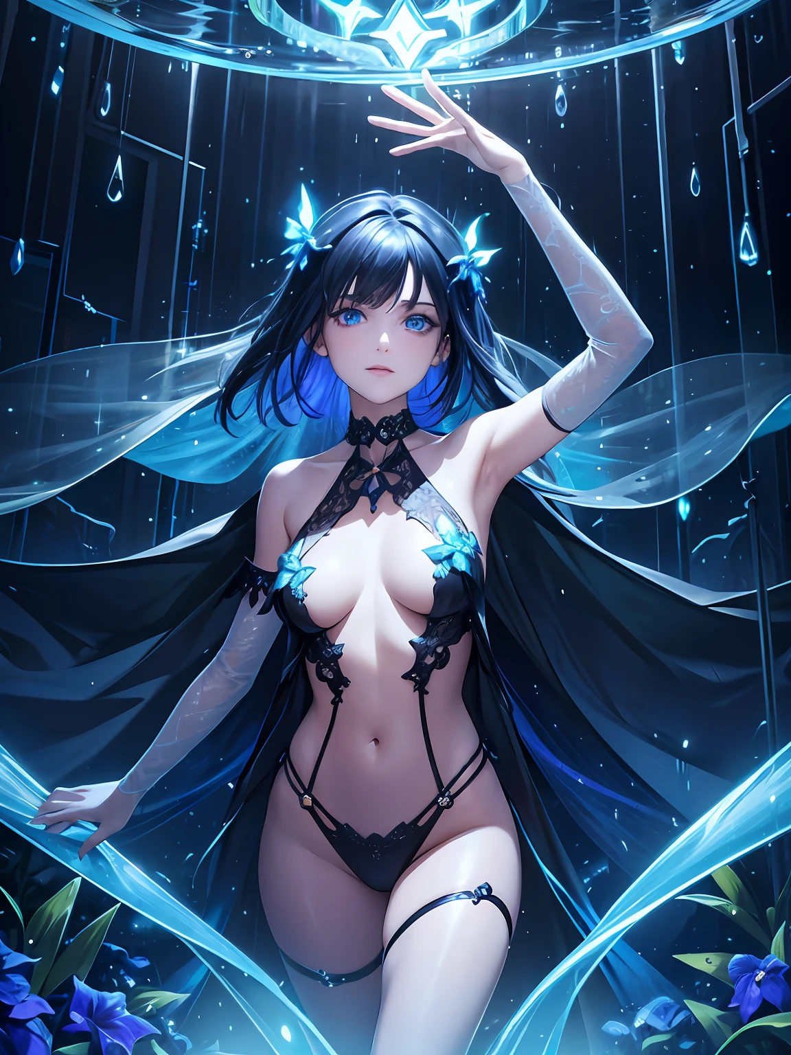 illustration, cinematic light, highres, highest quallity, ultra detailed, detailed face, (detailed eyes), best quality, hyper detailed, masterpiece, (detailed face), clean face, sexy mature woman wears transparent (torn) cloths, floating cloth, see through, choker, open cloths, nsfw, high heels, blue eyes, neon tiny glowing hair ends, dark fantasy forest, glowing plants with neon details, dark magic, (portal:1.15) to the underworld in the background, light reflection, heart shaped iris, playful eyes, open shoulder, rain, (wet body), tiny glowing butterfly, hair jewery