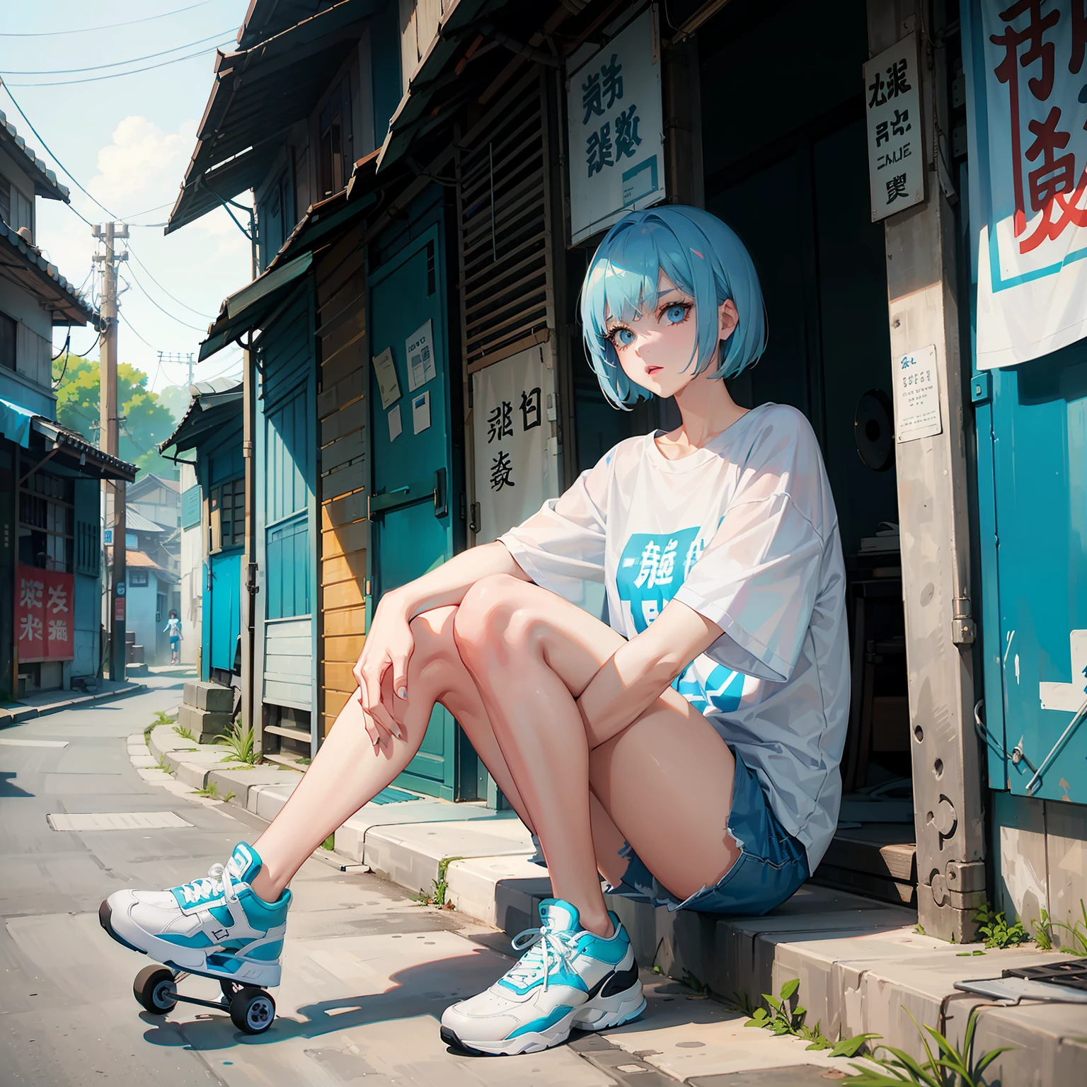 Beautiful woman with light blue short bob hair、　Sharp Eyebrows、big eye、Dark eyelashes、White T-shirt with big logo、Short pants、Stockings、skateboard、Attractive sneakers、Slums、（Highest image quality 8K）、（highestdetailed）