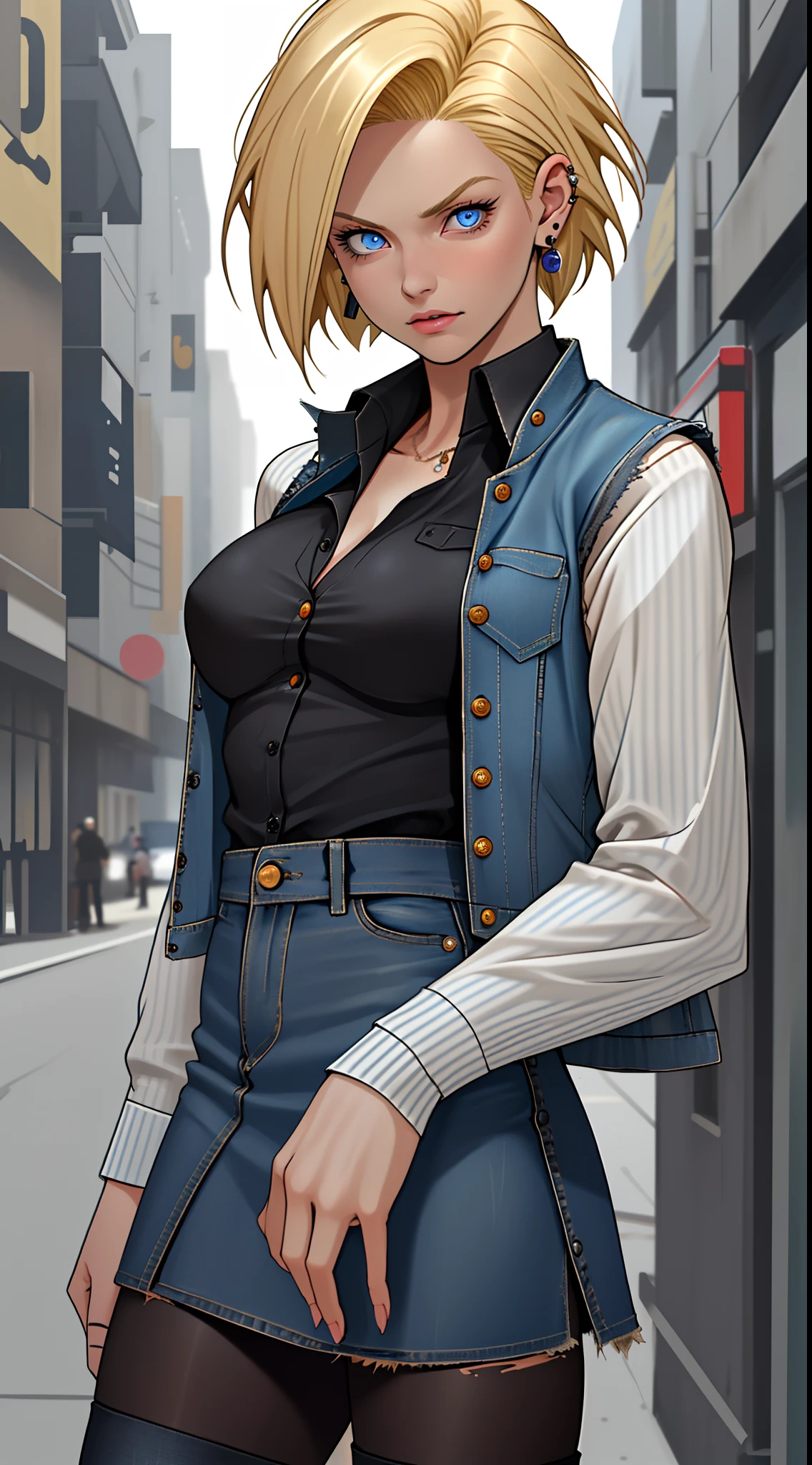 best quality, highres, and18, 1girl, android 18, solo, blonde hair, blue eyes, short hair, earrings, jewelry, denim vest, open vest, black pantyhose, black shirt, denim skirt, striped long sleeves, blue skirt, large breasts, cowboy shot, street,