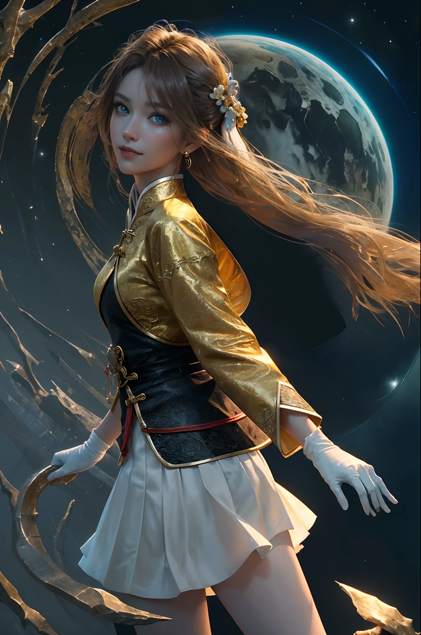 CG Unity 8K wallpaper in extreme detail，tmasterpiece，Highest image quality)，(Delicate light and shadow，The picture is highly dramatic，Cinematic lens effect)， （Beauty in ancient Hanfu：1.1），Charming smile，Long flowing hair， eBlue eyes，golden hair， tight top，whitegloves， mini-skirts，dynamicposes)，The background is the universe(Exceptional detail，The lighting effect is outstanding，Vista wide angle)，(Excellent rendering，Enough to stand out from the crowd)，