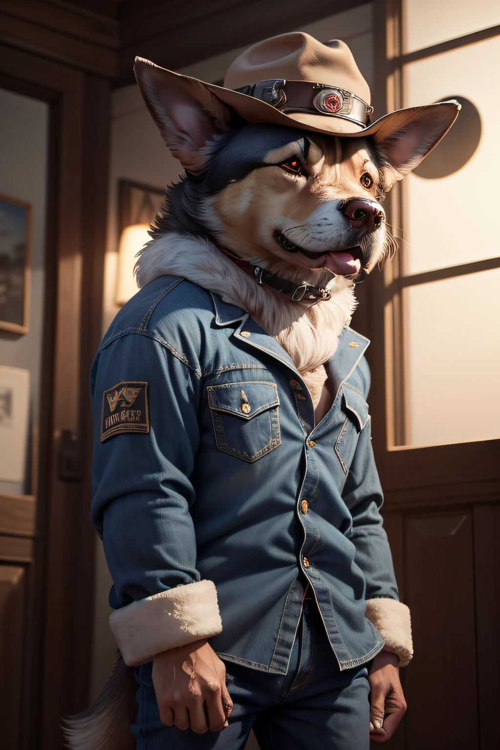 Picture of a dog in a hat,trends in art station,in pajamas,Ultra-realistic detailed rendering,intimidating pose,Planet of dogs,fashionable attire,Doggy,Western denim specialty,Upper body portrait,gallant,Handsome