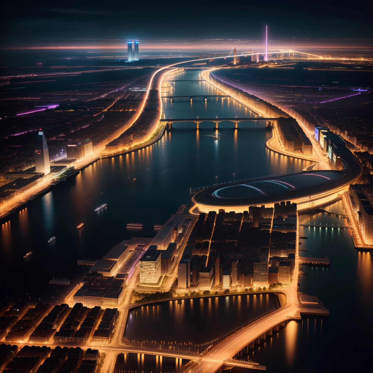 Night view of the big city from a huge bridge、neons、epcot、top-quality、masterpiece、SF.