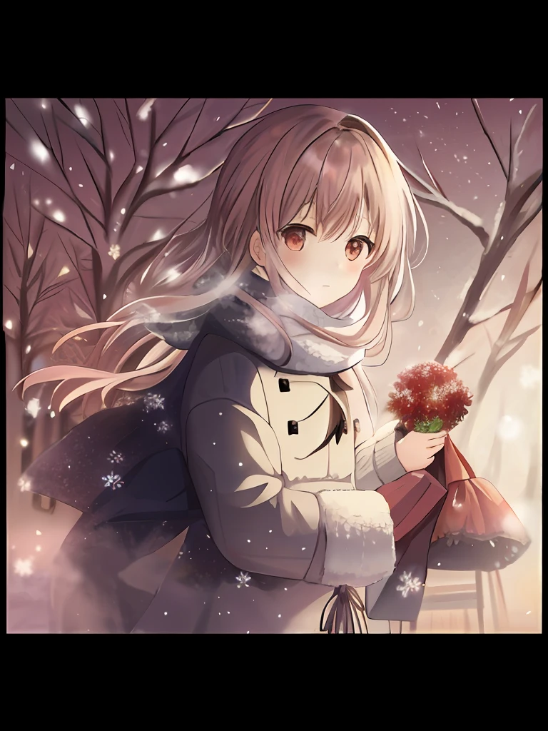 Anime girl with long hair holding a bouquet of flowers in the snow, seasons!! : 🌸 ☀ 🍂 ❄, Cute anime girl, anime visual of a cute girl, with frozen flowers around her, (Anime girl), made with anime painter studio, Beautiful anime girl, In winter, in the winter, Cute anime girl portrait, Anime moe art style, pretty anime girl