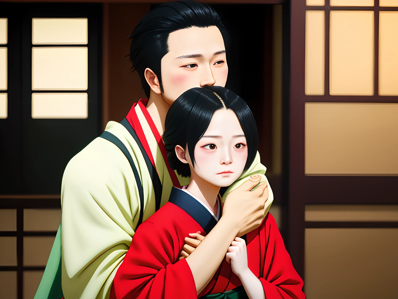 Two men，Hanfu，One hugs the other from behind，Hugging and spoiling looking at the hugged person，The hugged person panicked
