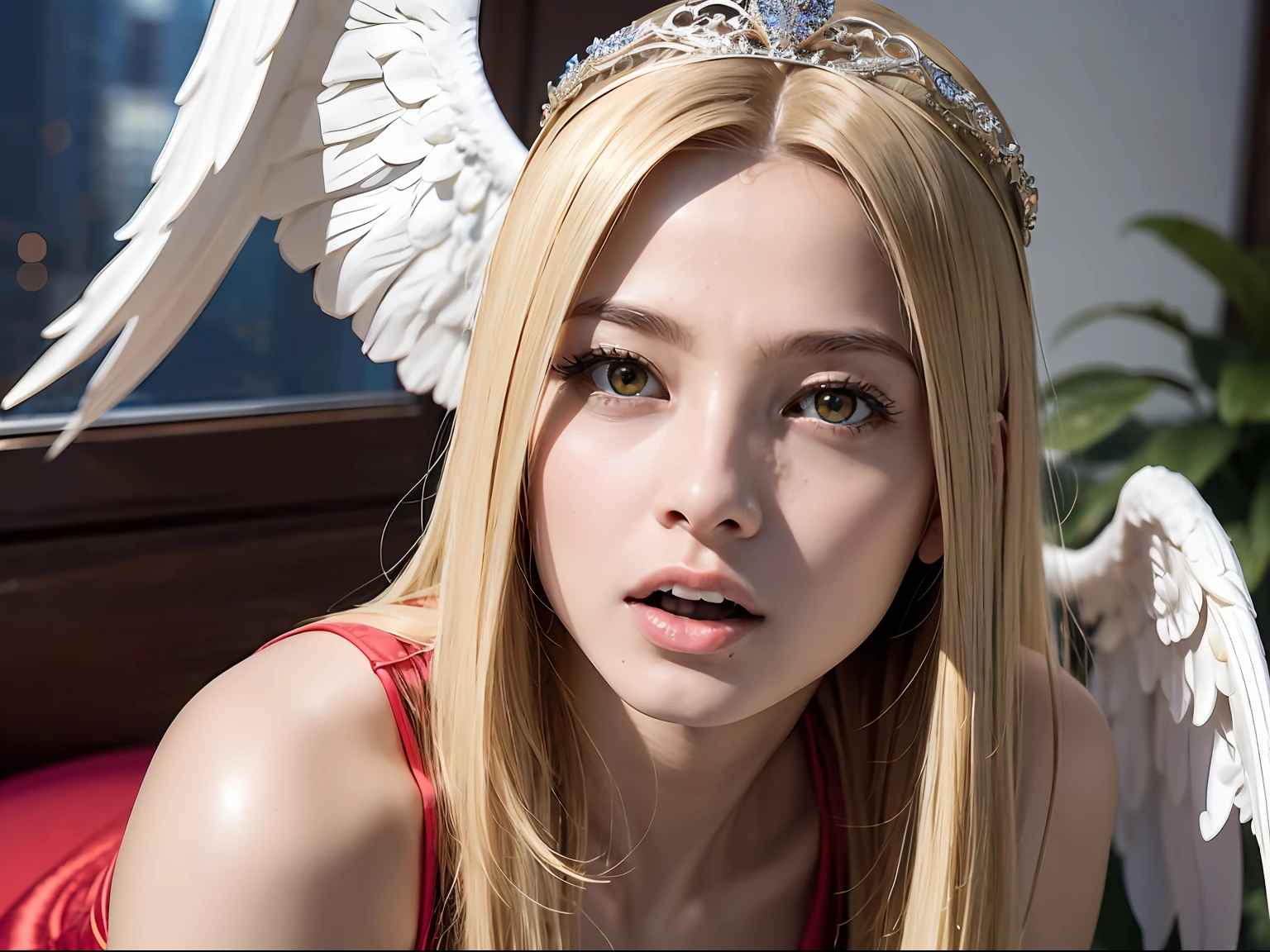 Ultra-detailed complex 3D rendering of the face, (Colossal: 8.8), (masterpiece, top quality, octane rendering, 8K), glamour shot full body image, cleavage, (highly detailed skin: 1.2), (exposure: 1.1), (blonde), (wearing a plummet tank top of gold silk: 1.5)), blonde hair, beautiful Caucasian woman with full soft breasts and white skin, one with big ass, long braided hair, big breasts, dynamic angle, mystical expression, ultra-realistic photography, (((((portrait))), bare feet, futuristic city background, facial muscles, detailed and beautiful queen tiara, in the style of Marvel Comics, clear focus, studio photography, intricate details, highly detailed, detailed yellow eyes, sharp focus, digital rendering, professional, abs, ((((sexy pose))), natural jungle, open mouth lightly, mansle, open crotch, seductive look, angel ring, detailed angel wings, angel ring, detailed mouth inside,