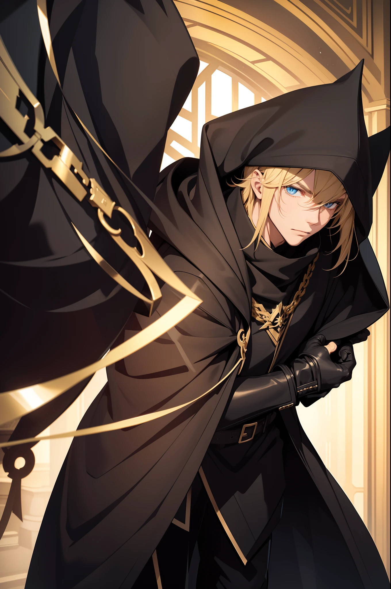 solo male, black robes, black pants, black gloves, black hood, golden mask, mage