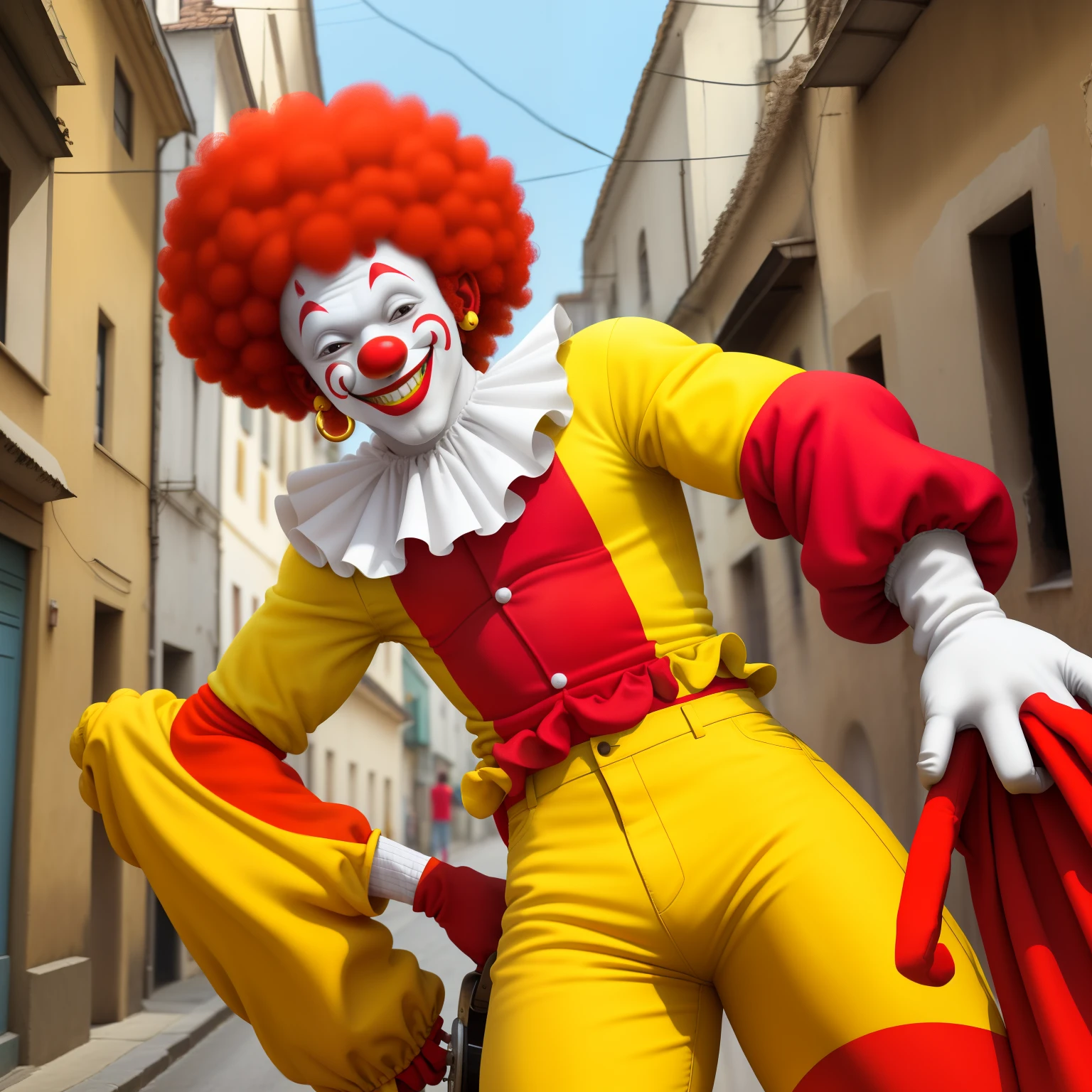 rue afro,The white-faced Selling Clown wears yellow pants and a smile with long red and white sleeves