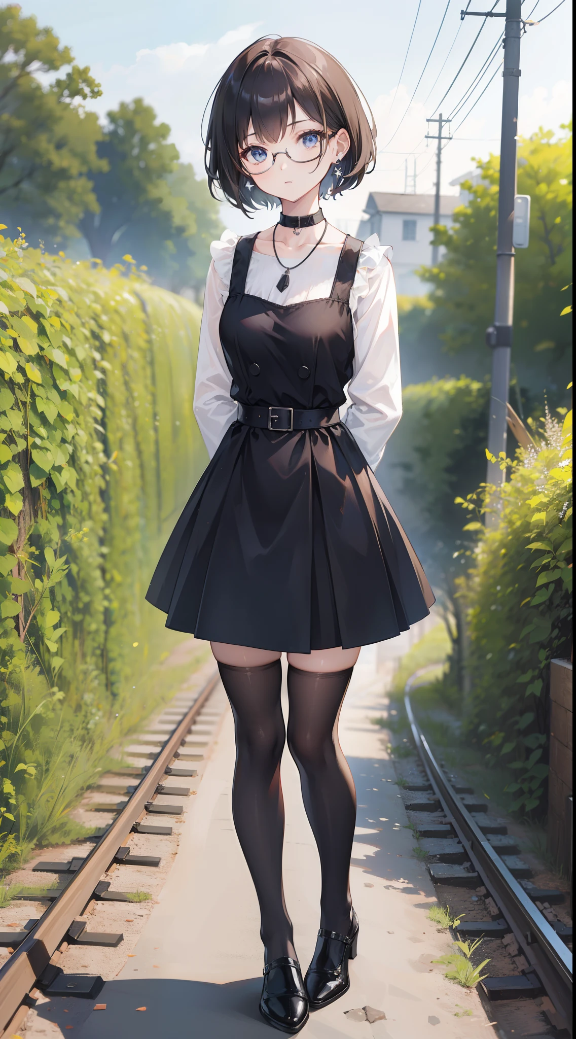 1girl, (solo:1.1), (glasses:1.1), brown skirt, full body, /\(/boyfriend perspective, fake two-piece dress, (french hepburn black dress:1.1), collarbone, black thighhighs, zettai ryouiki, high-heeled shoes, (standing:1.1), solo focus, arms behind back, brown hair, gradient hair, earrings, medium breasts, necklace, blue eyes, happy, (short hair:1.1), shoesfrench hepburn black dress, simplicity, temperament, path, railroad tracks, quiet, leisurely, summer