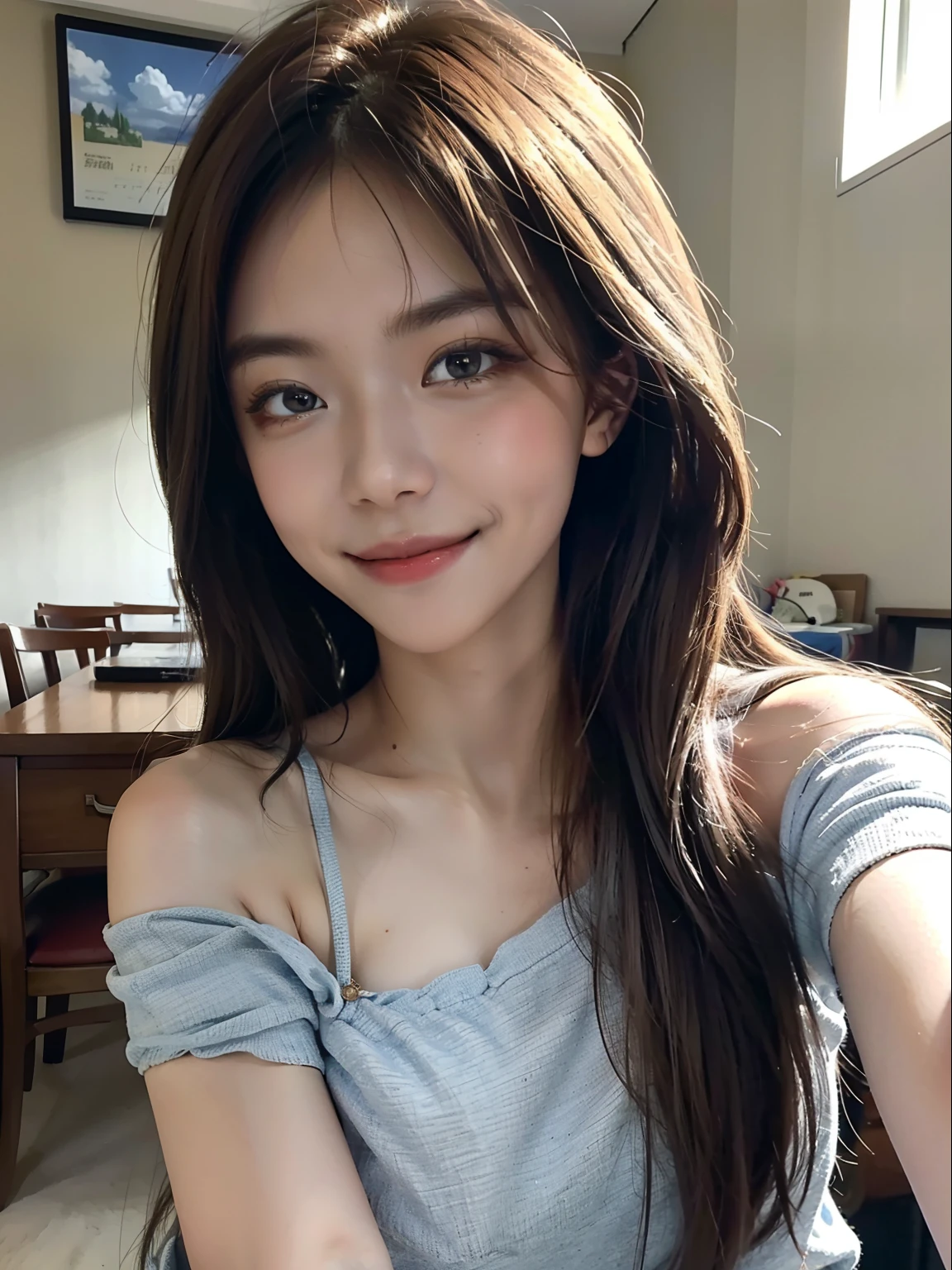 Best quality, masterpiece, super high resolution, realistic, 1 girl, shoulder, smile, college entrance examination, lost exam paper, front