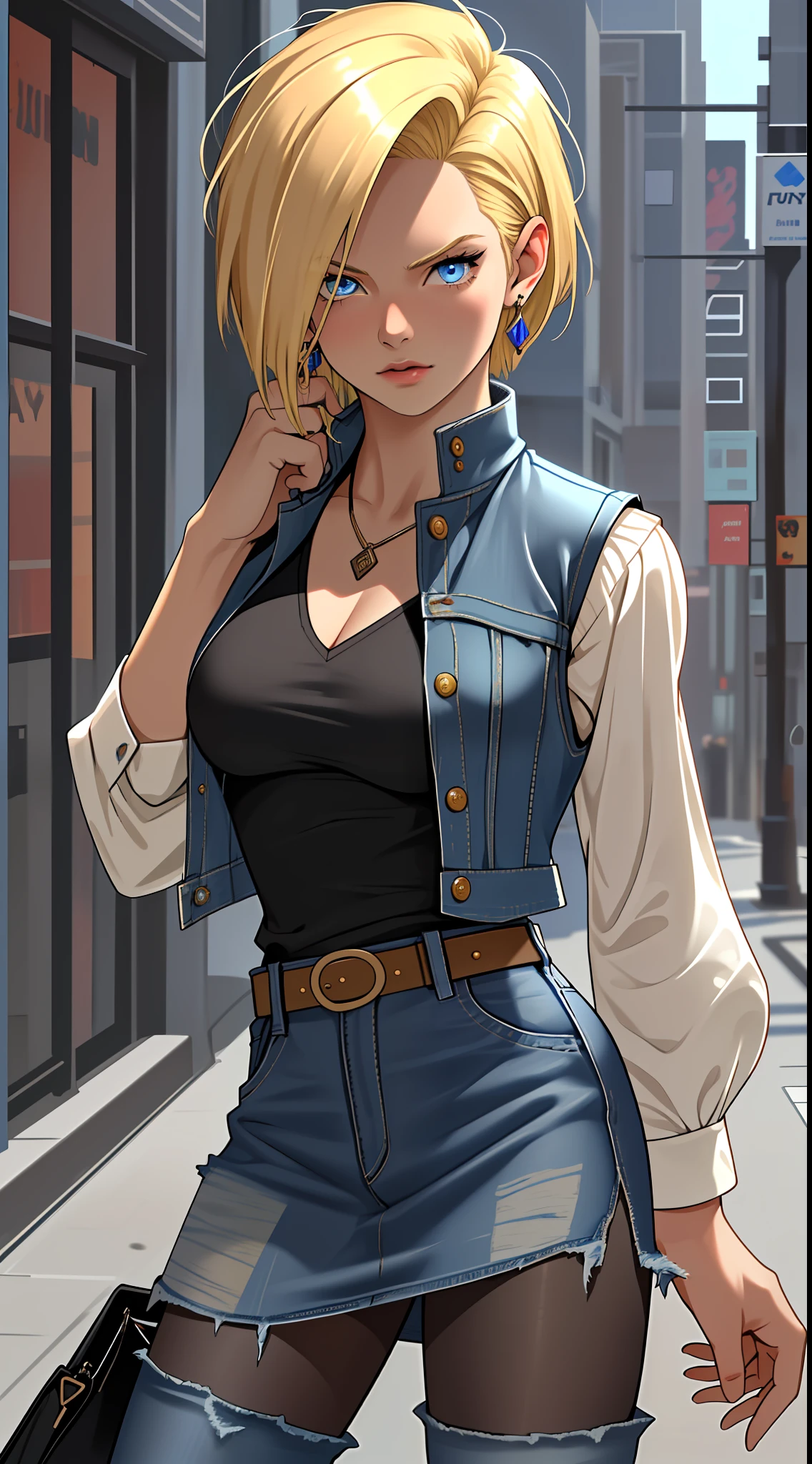 best quality, highres, and18, 1girl, android 18, solo, blonde hair, blue  eyes, short hair, earrings, jewelry, denim vest, open vest, black  pantyhose, black shirt, denim skirt, striped long sleeves, blue skirt,  large breasts, cowboy shot, street,