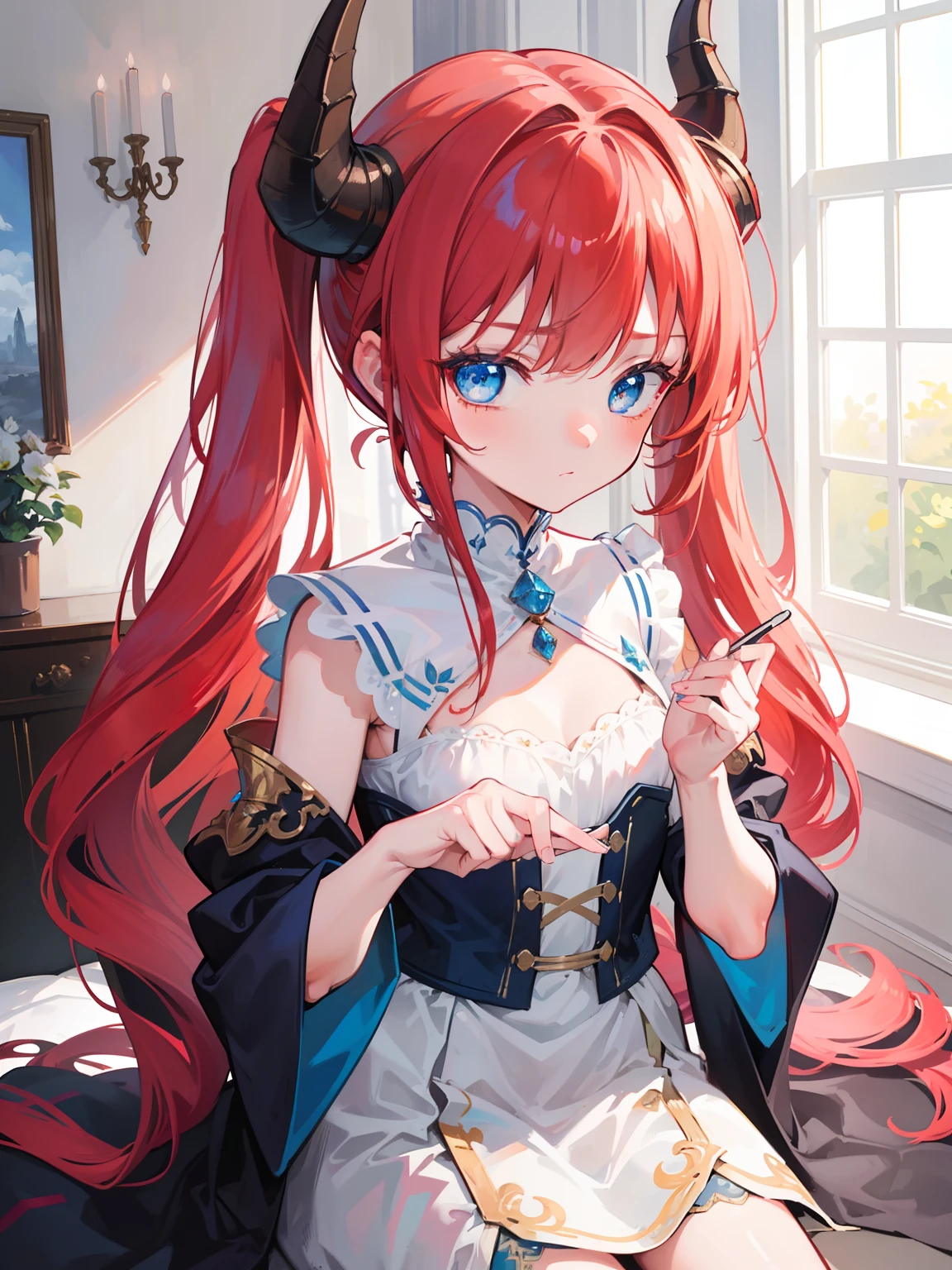 {{best quality}}, {{masterpiece}}, {{ultra-detailed}}, {illustration}, {detailed light}, {an extremely delicate and beautiful},Dragon Horns, girl, solo, Twintails, red hair, blue eyes, cute, fantasy, fantasy style, Dragon Girl,loli,little girl,
