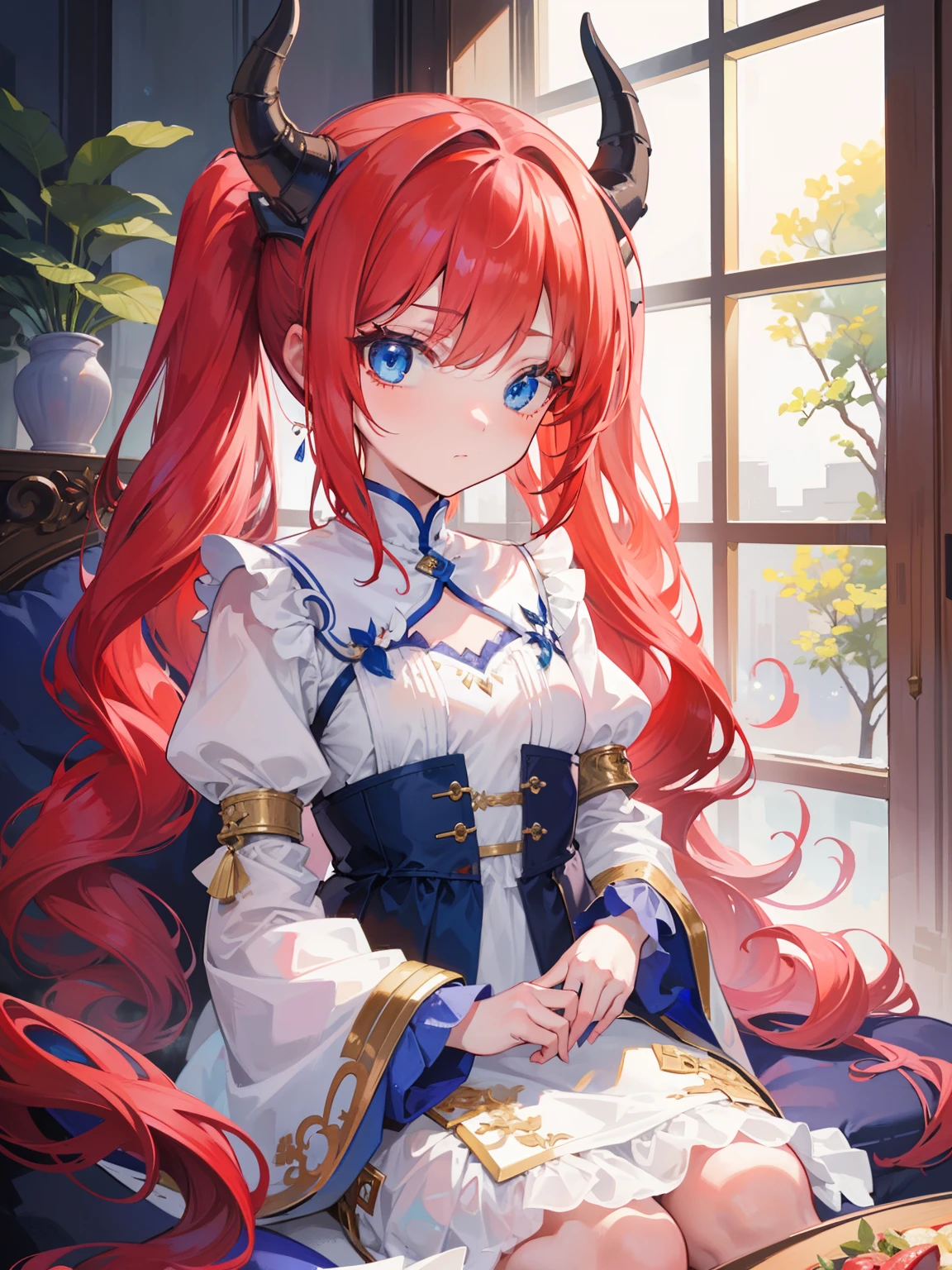 {{best quality}}, {{masterpiece}}, {{ultra-detailed}}, {illustration}, {detailed light}, {an extremely delicate and beautiful},Dragon Horns, girl, solo, Twintails, red hair, blue eyes, cute, fantasy, fantasy style, Dragon Girl,loli,little girl,