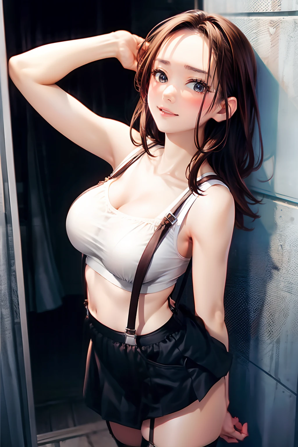 large full breasts suspenders Garter belt at the foot Black Tank Top skirt by the Brown hair length hair Forehead Central Department Armpit sweat Fold your hands behind your head