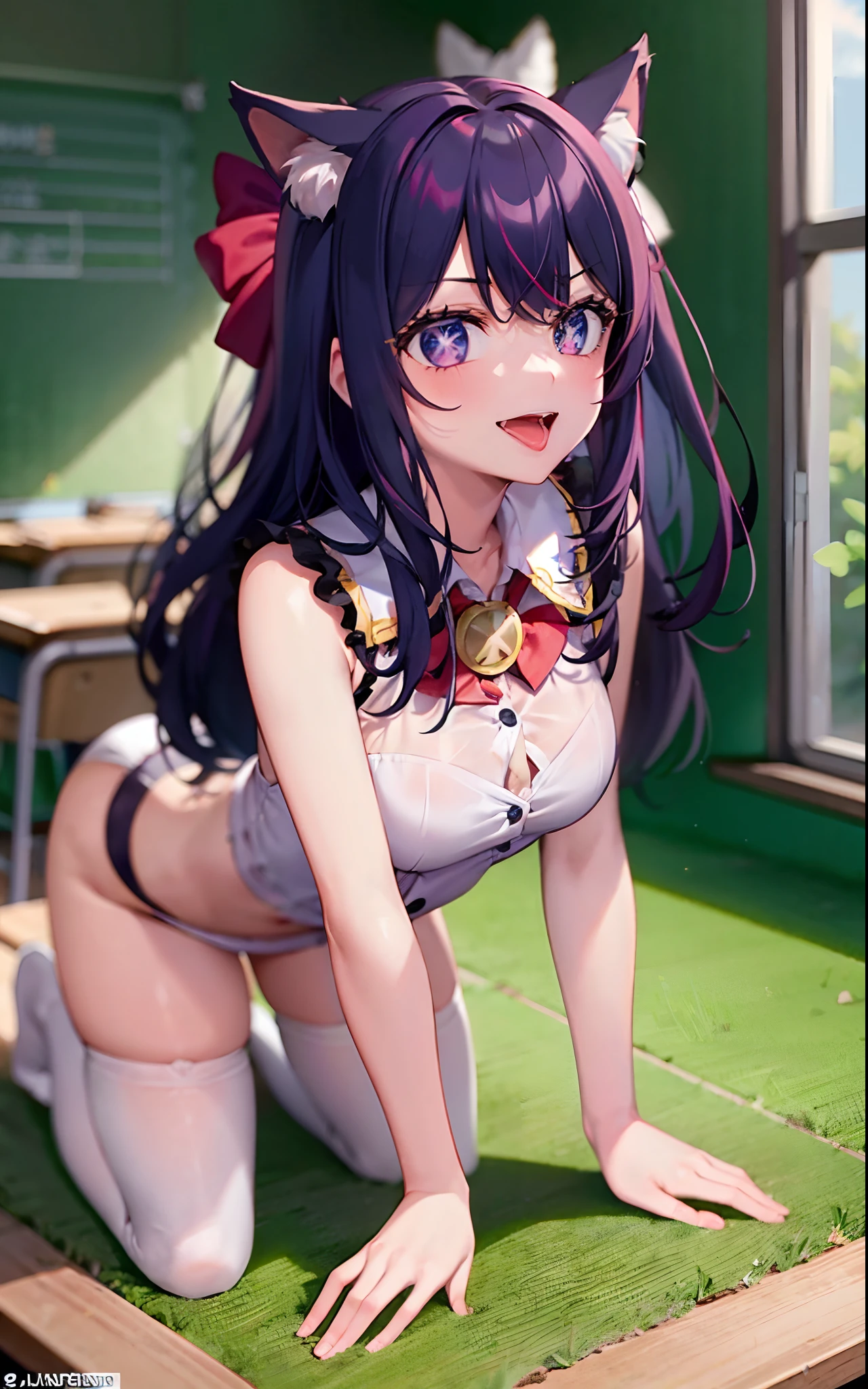 1girll,((There is a five-pointed star in the eye))Gorgeous Hair in Long Purple,Smile,Open mouth,Inches,Unfasten the buttons,nedium breasts,Blushlush,Cat ears,Classroom,classroom desk,all fours,white stockings,((Be red in the face))Tongue stock