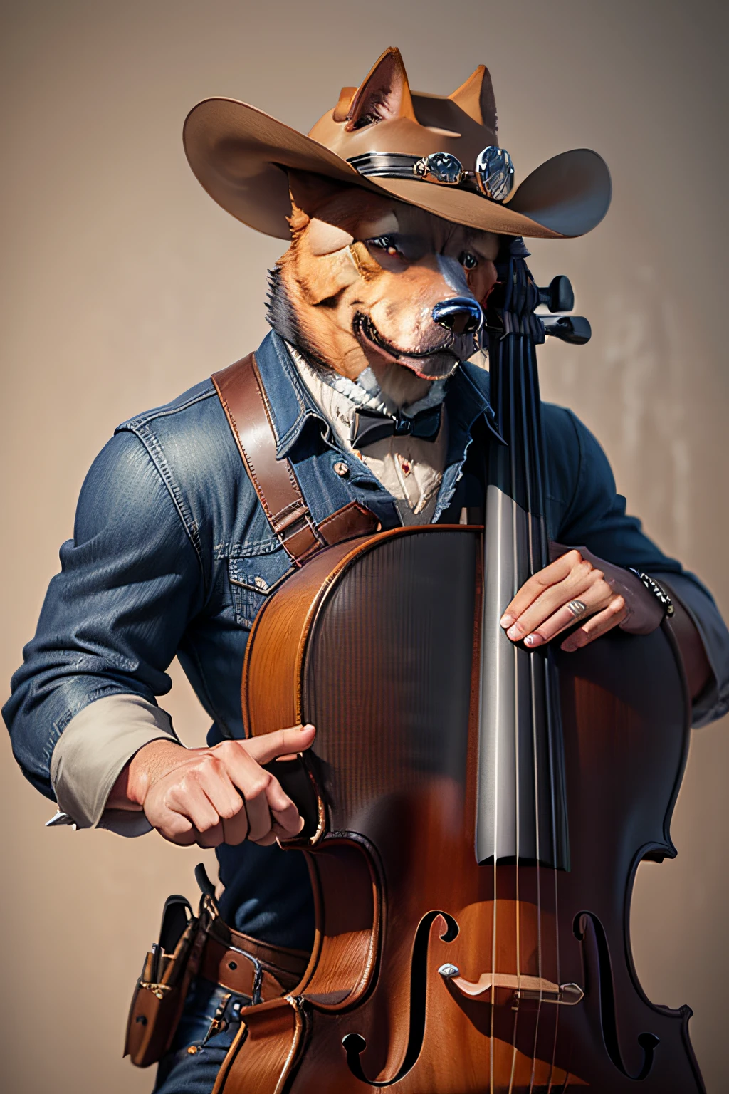 Picture of a dog in a hat,trends in art station,Playing the cello,Ultra-realistic detailed rendering,intimidating pose,Planet of dogs,fashionable attire,Doggy,Western denim specialty,Upper body portrait,gallant,Handsome