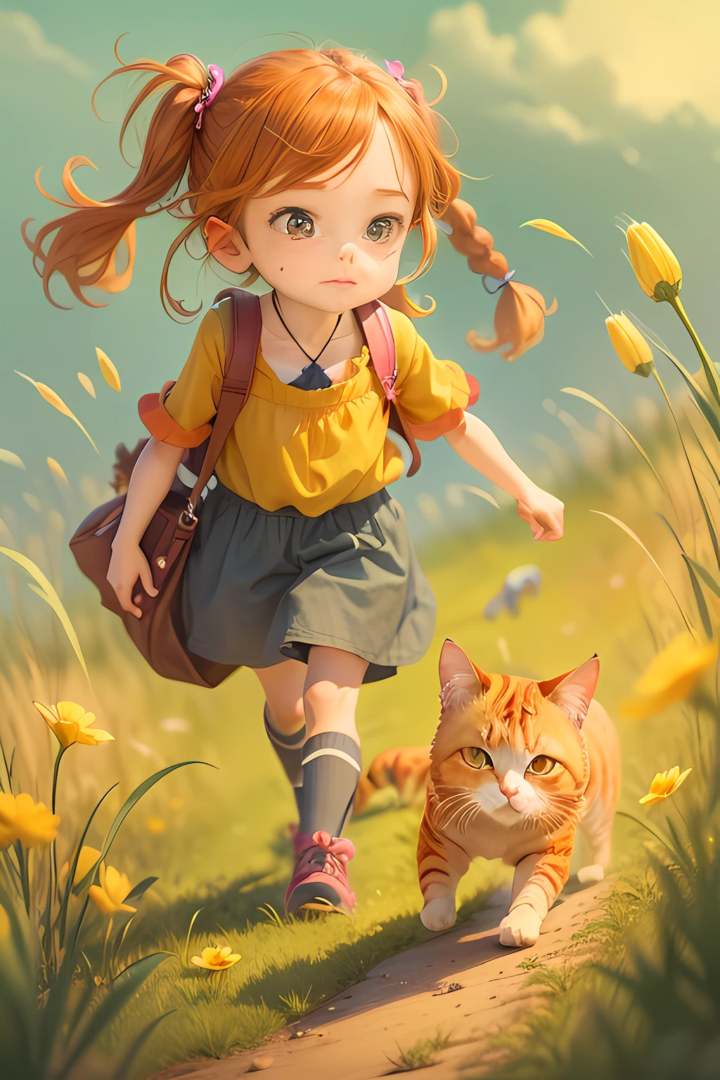 A with two twisted braids,Carrying a canvas bag diagonally,The breeze gently ruffled her bangs,With her cute little orange cat,Walk on the endless savannah,The grass is shallow on the grass,A few small yellow flowers are scattered scattered。The image is a high-definition illustration in 4K resolution,There are highly detailed facial features and cartoonish visuals
