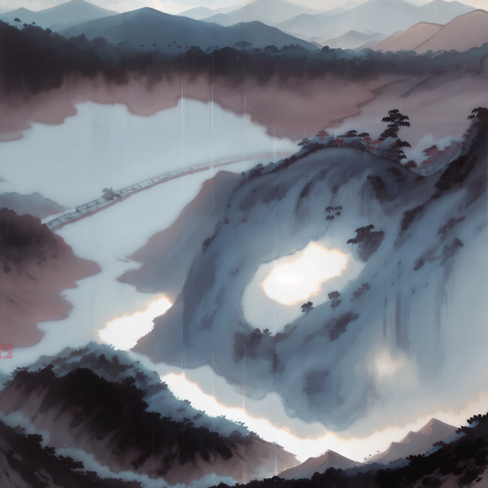 Gangnam，mountain water，scenic，ink wash style，Old，Lake atrium，empty of people