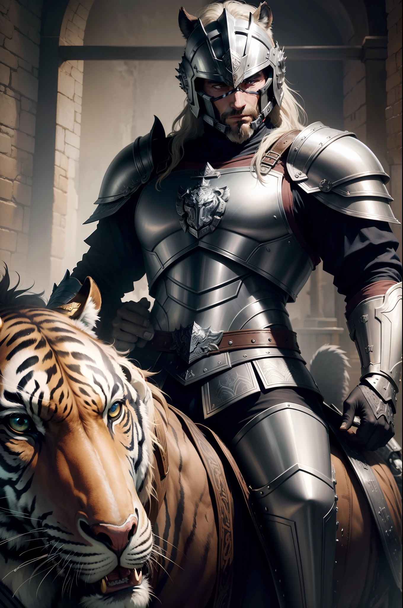 Ancient robust and beautiful man，Dressed in bright silver armor，Two-shouldered tiger head armor，Wears a helmet with a dragon's head，Grab the wolf's head in hand，Riding a black BMW at the crotch，The war horse is in a semi-vacated state，Background battlefield screen。