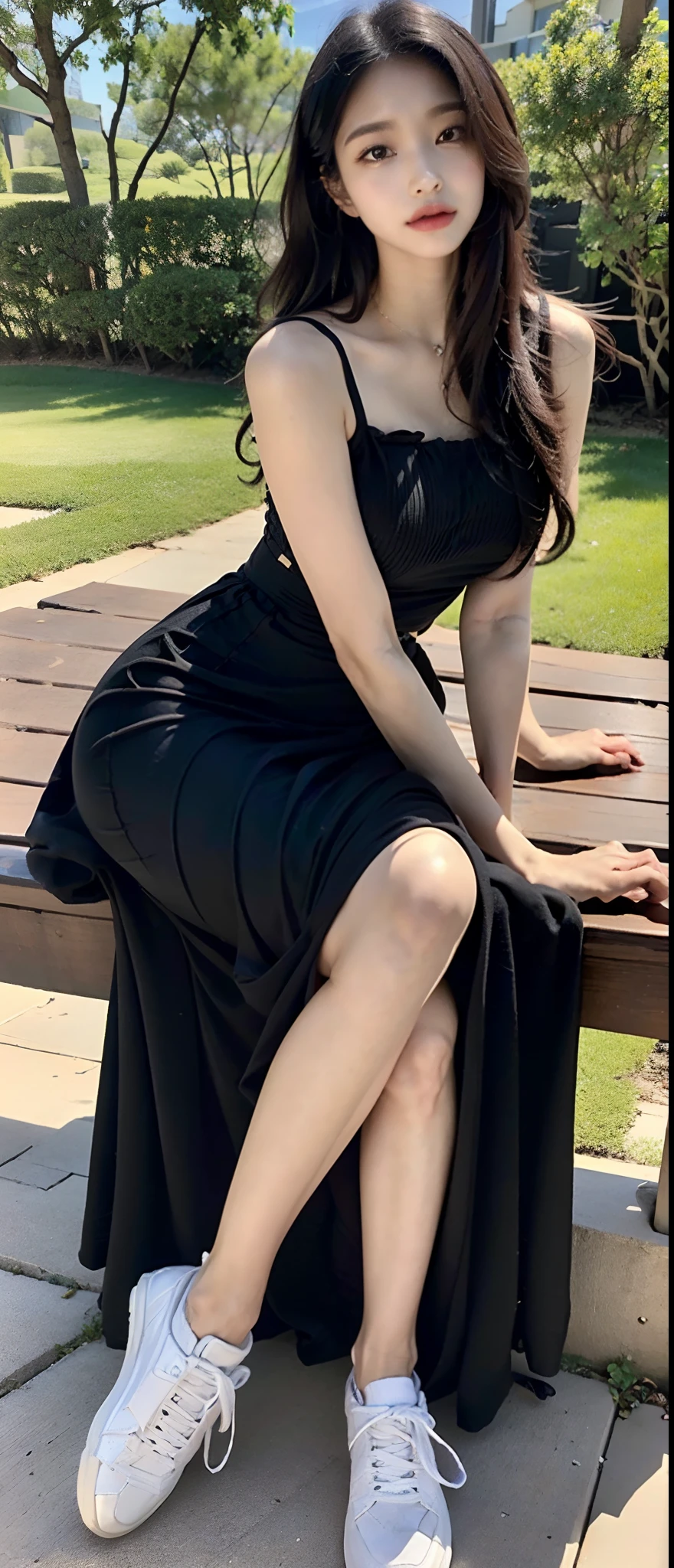 ((Best Quality, 8K, Masterpiece: 1.3)), Sharp, close up, Perfect Body Beauty, slender thigh, Slim, ((black wavy hair, bow hair)), (gowns on sneakers), (sitting on the bench), (garden), Highly Detailed Face and Skin Texture, Detailed Eyes, Double Eyelids,