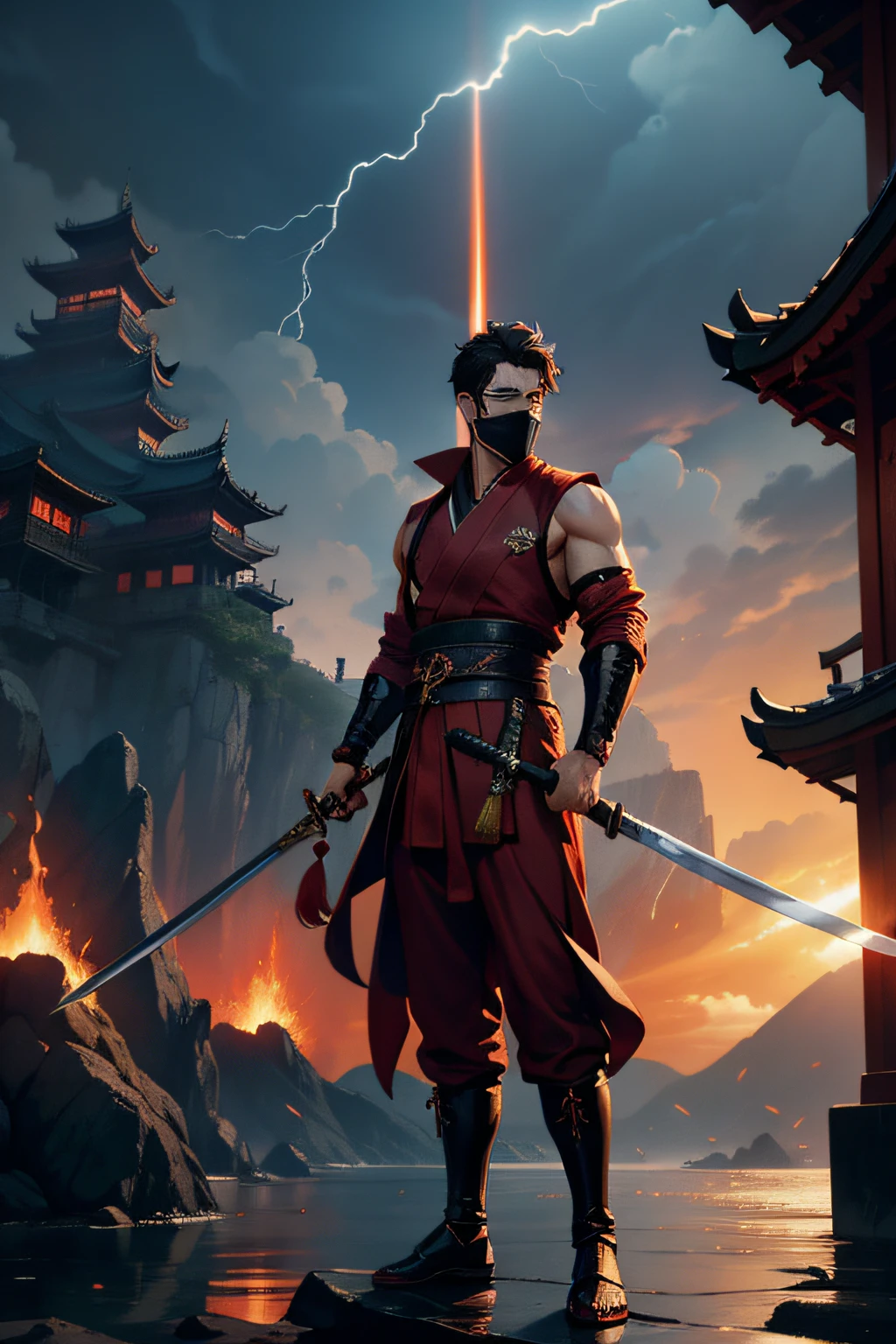 hyper HD,best qualtiy,8k,chinesedragon, drak, a Oriental Dragons, arma, The sword, halter, holdingweapon, 1boys, with short black hair, On board, standing on your feet, clutching a sword, buliding, Reflectors, bloods, east asian architecture, malefocus, On the sea,natta, katana swords, trouser, firey, Sky with lightning, banya, Hanfu, bandagens, sword sheath, looking at viewert, masks, 独奏