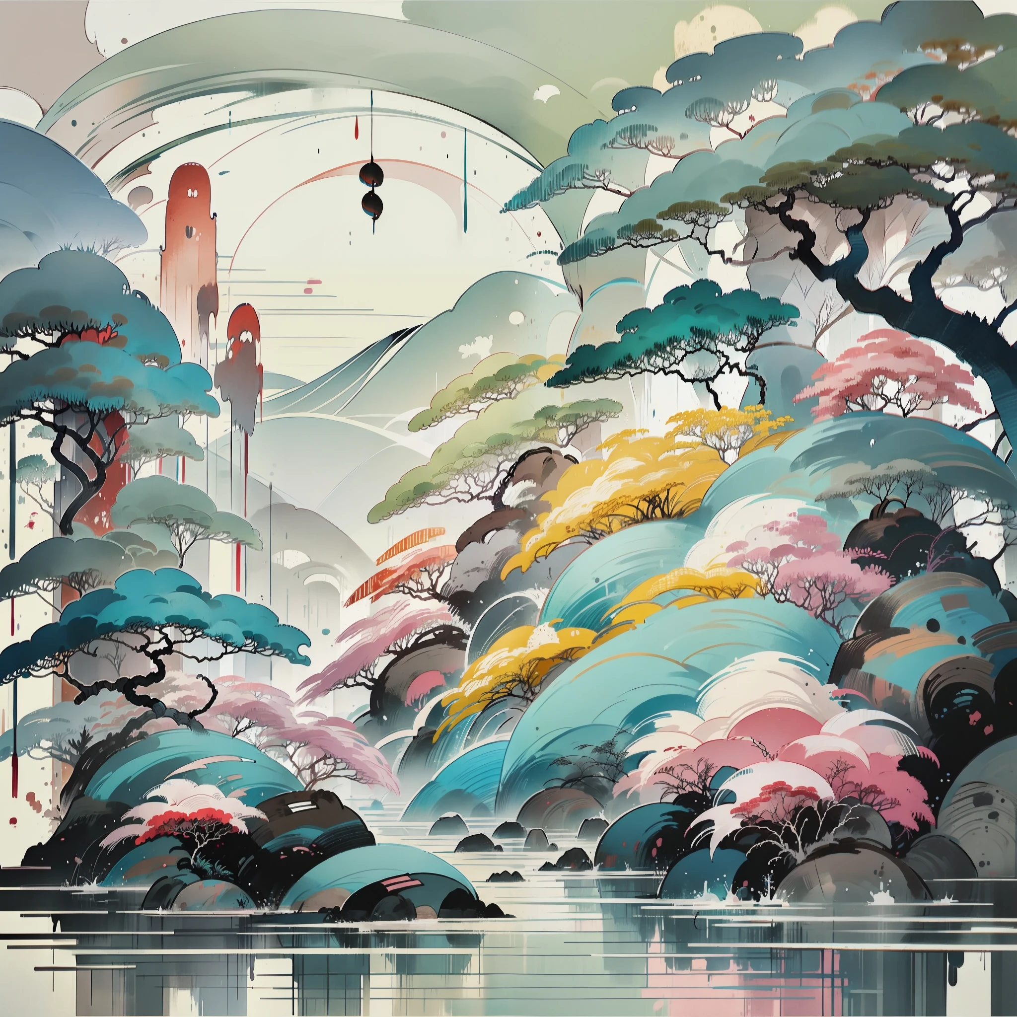 "Oriental landscape painting,Chinese Ancient Times,Plain white background,dream magical,𝓡𝓸𝓶𝓪𝓷𝓽𝓲𝓬,old-fashioned,3D,8K,spotlight effect,finedetail,Wabi-sabi style,"