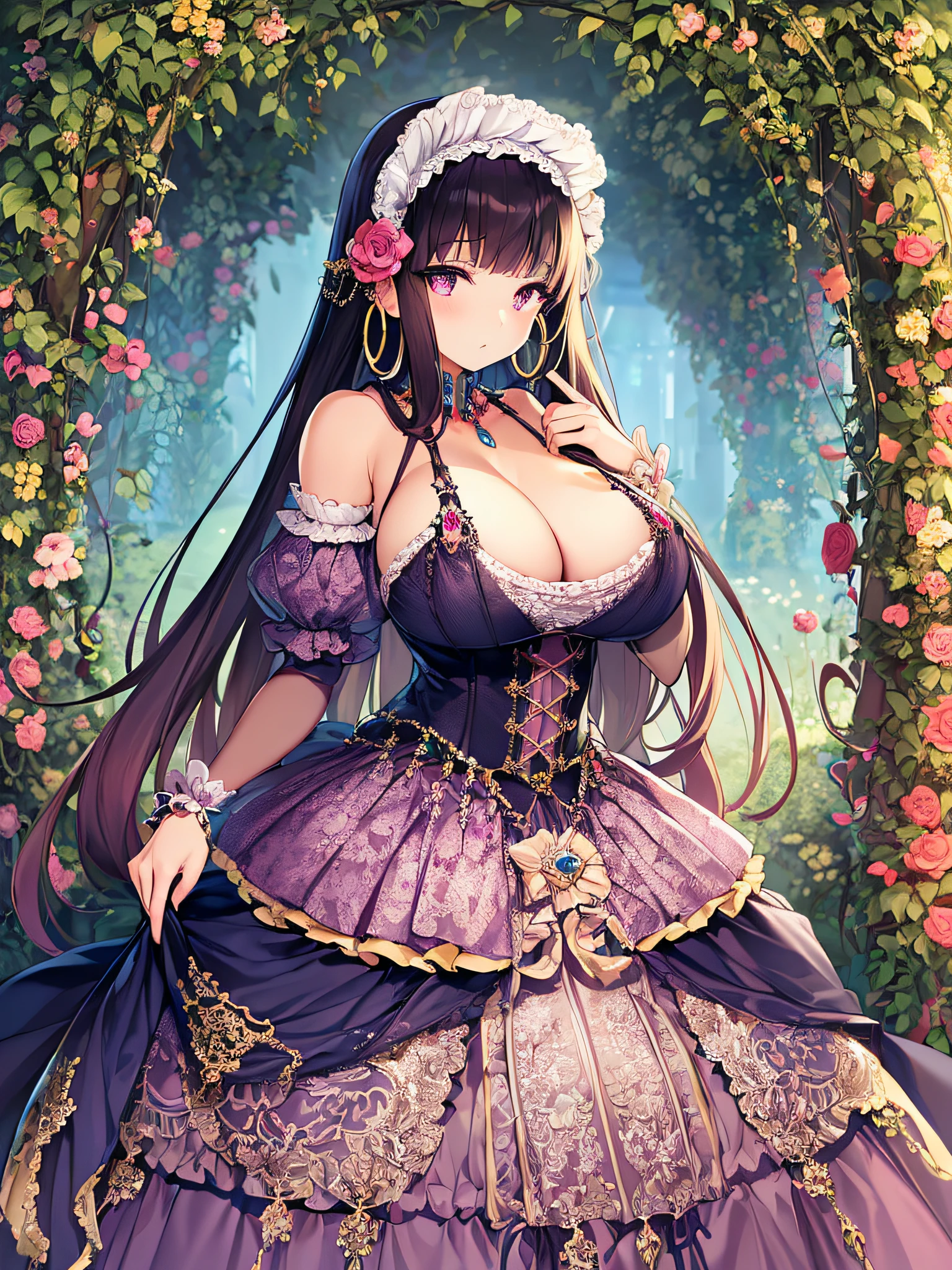 ((anime artstyle)),(Masterpiece),(Best Quality), (Super Detail),((Very Delicate and Beautiful)),(((Solo))),((full body)),(((1 princess in gorgeous ta dress with voluminous full length hoop skirt))),((standing in garden)),Long train,(bling-bling gorgeous gemstone jewelry),detailed face and eyes,jewel-like eyes,cry,((large amount of straight hair,extremely voluminous Very Long Straight Hair)),((gigantic tits,Long tits)),cleavage,(gorgeousfull embroidery and lace),gorgeous corsage,See-through,((extremely gorgeousfull loliair ornament)),bling-bling extremely gorgeousfull jeweled tiara,ornate ruffles,beautiful embroidery,(hoop skirt,crinoline),flowers, flower petals flowing,((Dynamic Angle)),Looking at viewer,((full body)),((extremely gorgeous lolita d with voluminous full length hoop skirt))