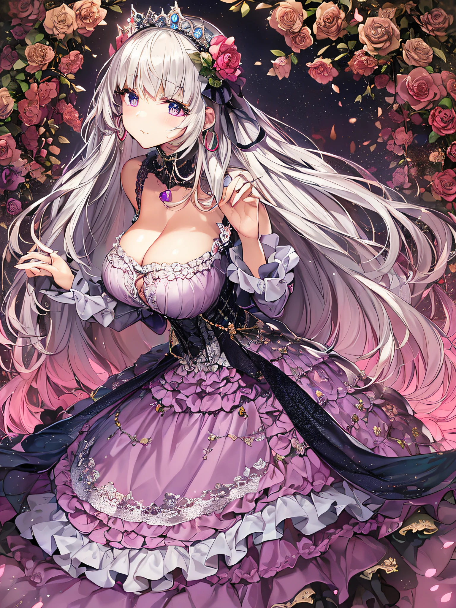 ((anime artstyle)),(Masterpiece),(Best Quality), (Super Detail),((Very Delicate and Beautiful)),(((Solo))),((full body)),(((1 princess in gorgeous lolita dress with voluminous full length hoop skirt))),((standing in garden)),Long train,(bling-bling gorgeous gemstone jewelry),detailed face and eyes,jewel-like eyes,cry,((large amount of straight hair,extremely voluminous Very Long Straight Hair)),((gigantic tits,Long tits)),cleavage,(gorgeousfull embroidery and lace),gorgeous corsage,See-through,((extremely gorgeousfull lolita hair ornament)),bling-bling extremely gorgeousfull jeweled tiara,ornate ruffles,beautiful embroidery,(hoop skirt,crinoline),flowers, flower petals flowing,((Dynamic Angle)),Looking at viewer,((full body)),((extremely gorgeous  lolita dress with voluminous full length hoop skirt))