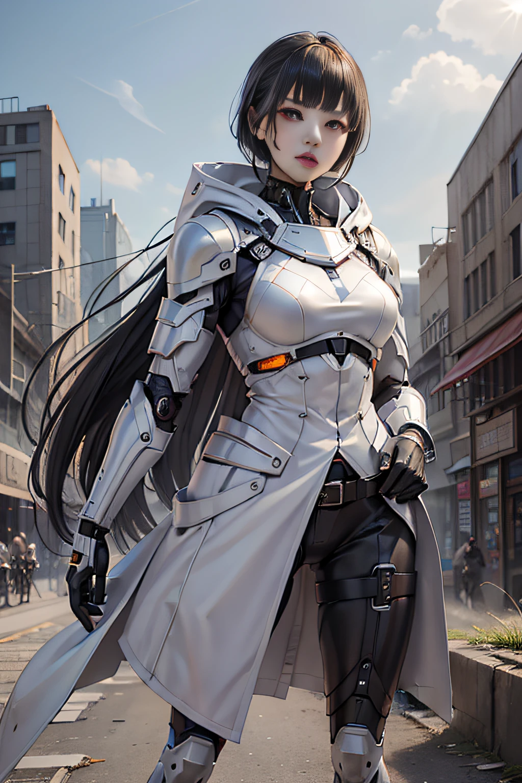 top-quality、masterpiece、超A high resolution、1 female、cyborgs、is standing、Slender muscular body、tiny chest、Purse your thick lips、Straight short hair with black hair、Large white coat、Protector on knee、Gary、Abandoned city of the future