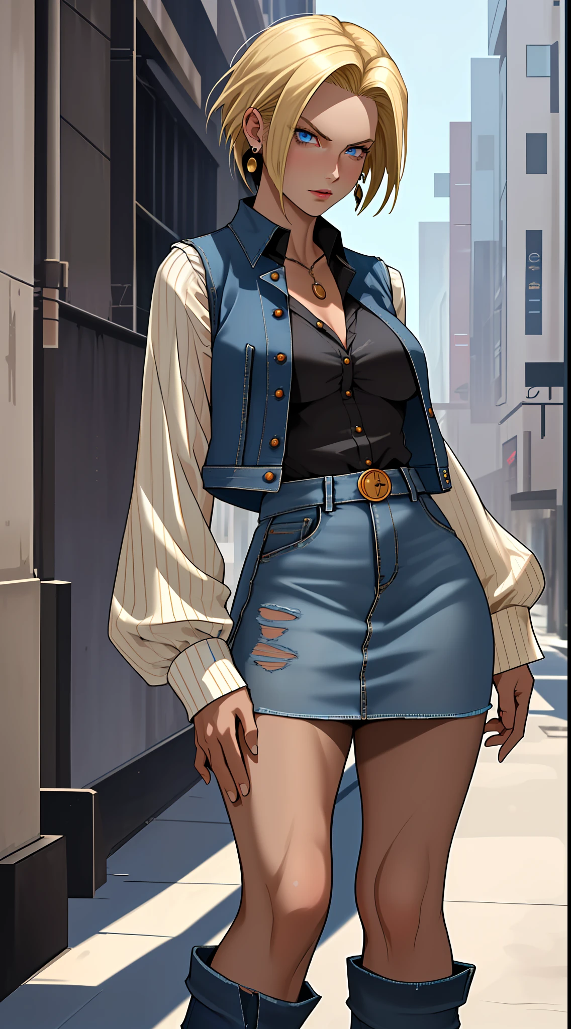 best quality, highres, and18, 1girl, android 18, solo, blonde hair, blue eyes, short hair, earrings, jewelry, denim vest, open vest, black pantyhose, black shirt, denim skirt, striped long sleeves, blue skirt, large breasts, cowboy shot, street,