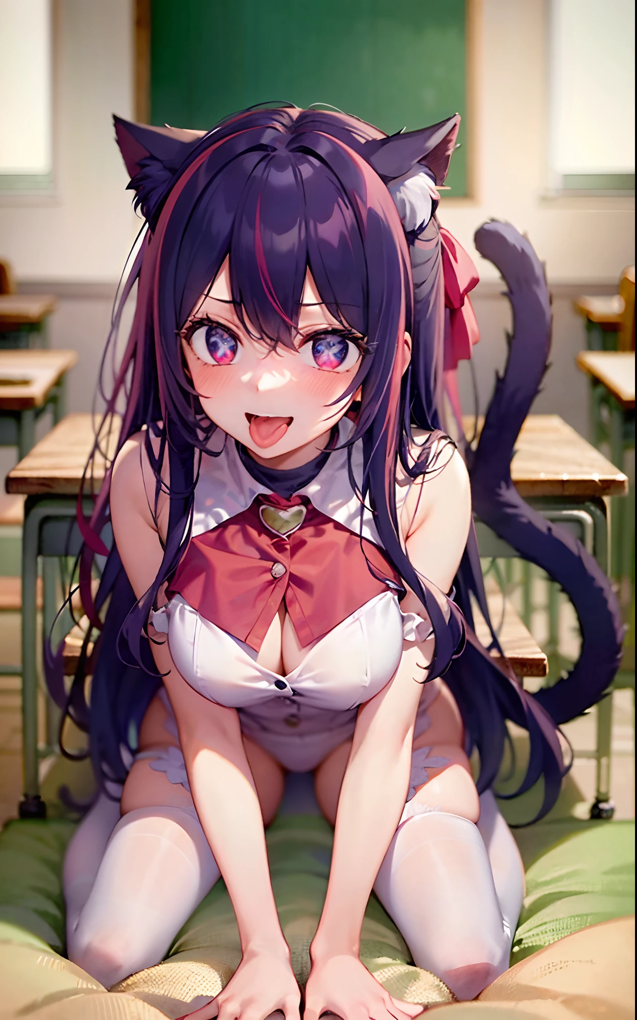 1girll,((There is a five-pointed star in the eye))Gorgeous Hair in Long Purple,Smile,Open mouth,Inches,Unfasten the buttons,nedium breasts,Blushlush,Cat ears,Classroom,classroom desk,all fours,white stockings,((Be red in the face))Tongue stock