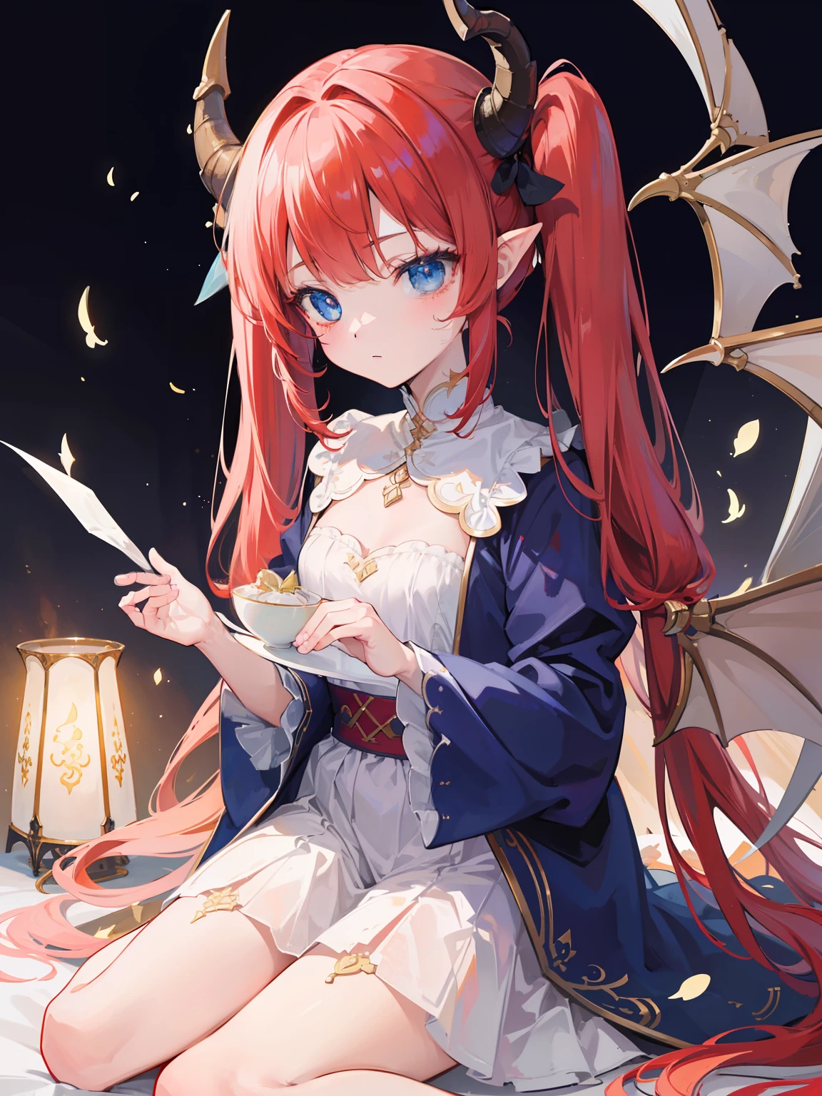 {{best quality}}, {{masterpiece}}, {{ultra-detailed}}, {illustration}, {detailed light}, {an extremely delicate and beautiful},Dragon Horns, girl, solo, Twintails, red hair, blue eyes, cute, fantasy, fantasy style, Dragon Girl,loli,little girl,