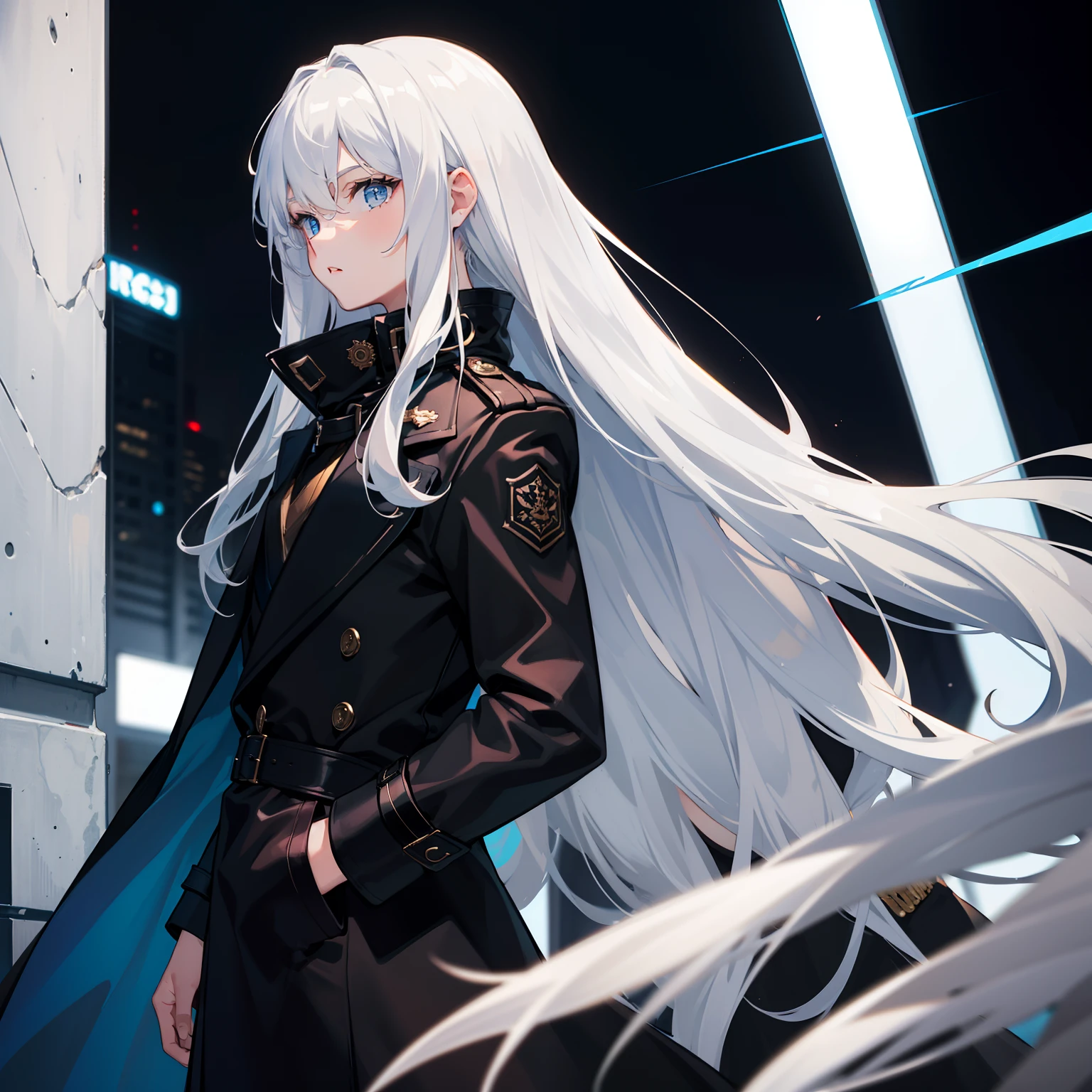 (tmasterpiece，best qualtiy)，A long white hair，Blue-eyed girlboy ，a black trench coat