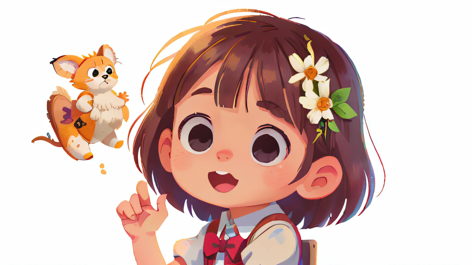 A 9-year-old girl is sitting on a chair,is Happy  She waves her hand, white background, white backgrand is looking at the us, looking for us, she is wearing school uniform, is serious, curious, side view of the scene, perfect quality, clear focus ,white background(mess - house: 0.8), (masterpiece: 1.2) (Realistic: 1.2) (Bokeh) (Best quality) (Detailed Skin: 1.3) (Intricate Details) (8K) (Eye Detail) (Sharp Focus), (Unfortunate)