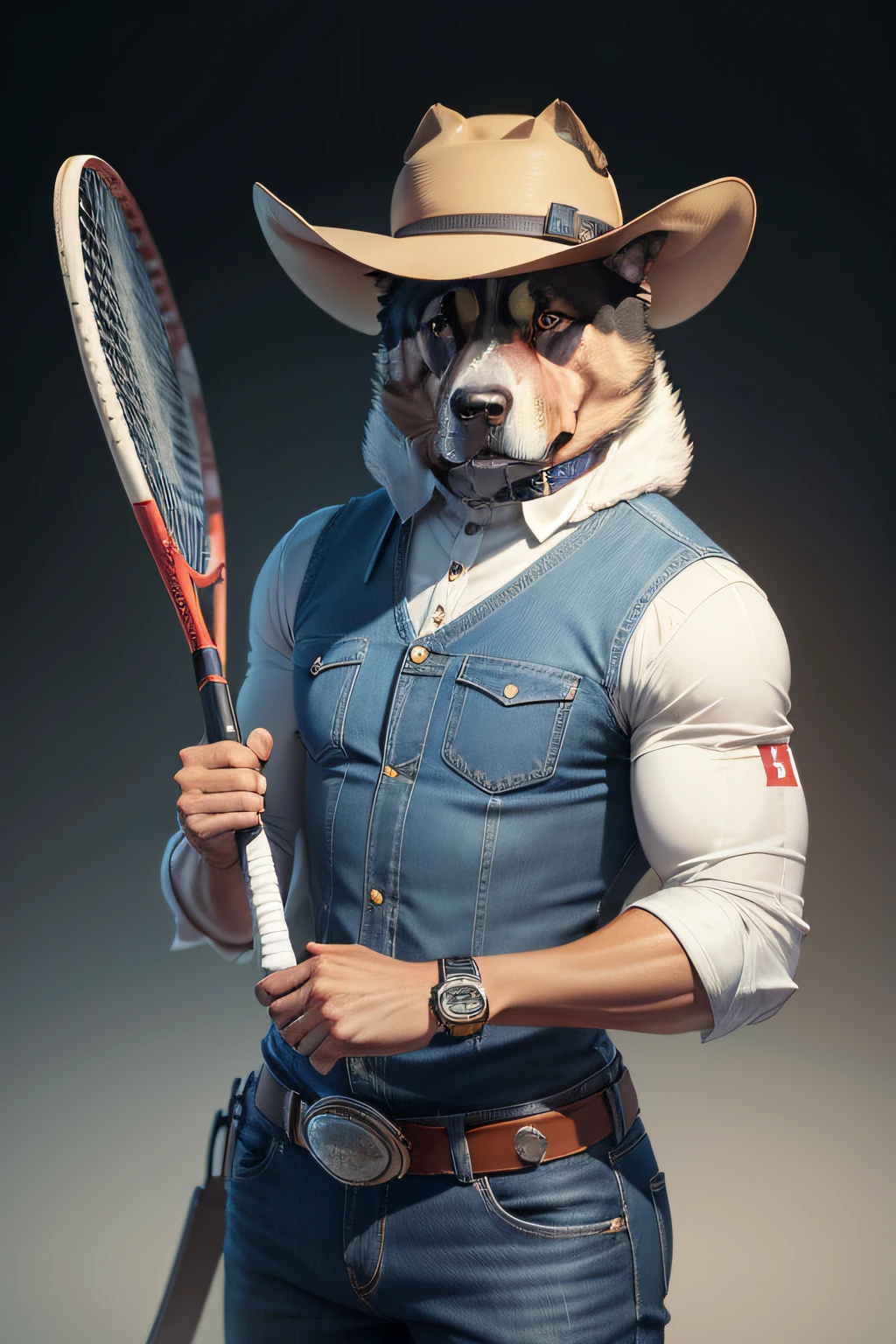 Picture of a dog in a hat,trends in art station,Holding a tennis racket,Ultra-realistic detailed rendering,intimidating pose,Planet of dogs,fashionable attire,Doggy,Western denim specialty,Upper body portrait,gallant,Handsome