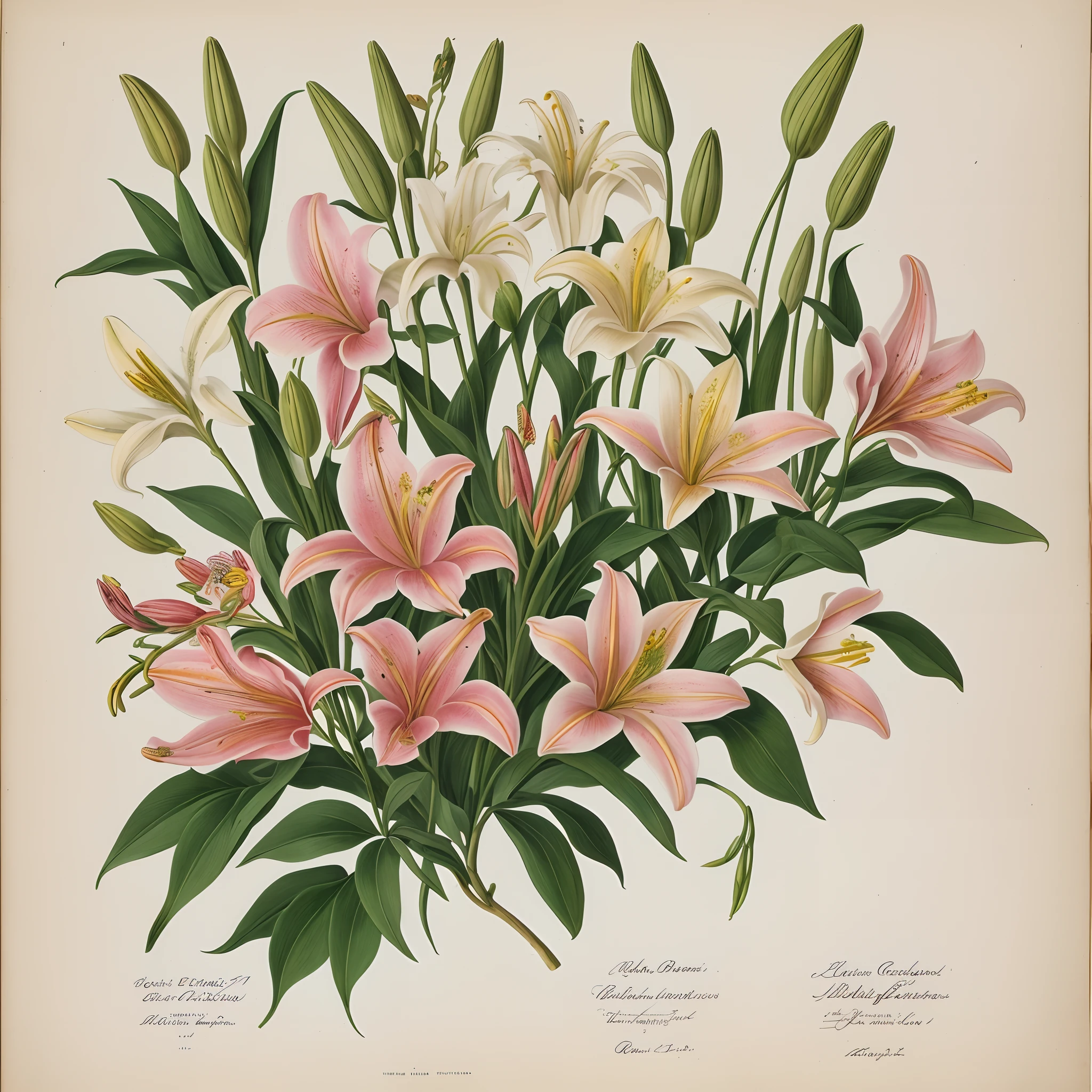 (beste-Qualit: 1.2), (Detailed: 1.2), (tmasterpiece: 1.2), Vintage botanical illustrations of lilies, bouquet (1770-1775) in high resolution by John Edwards