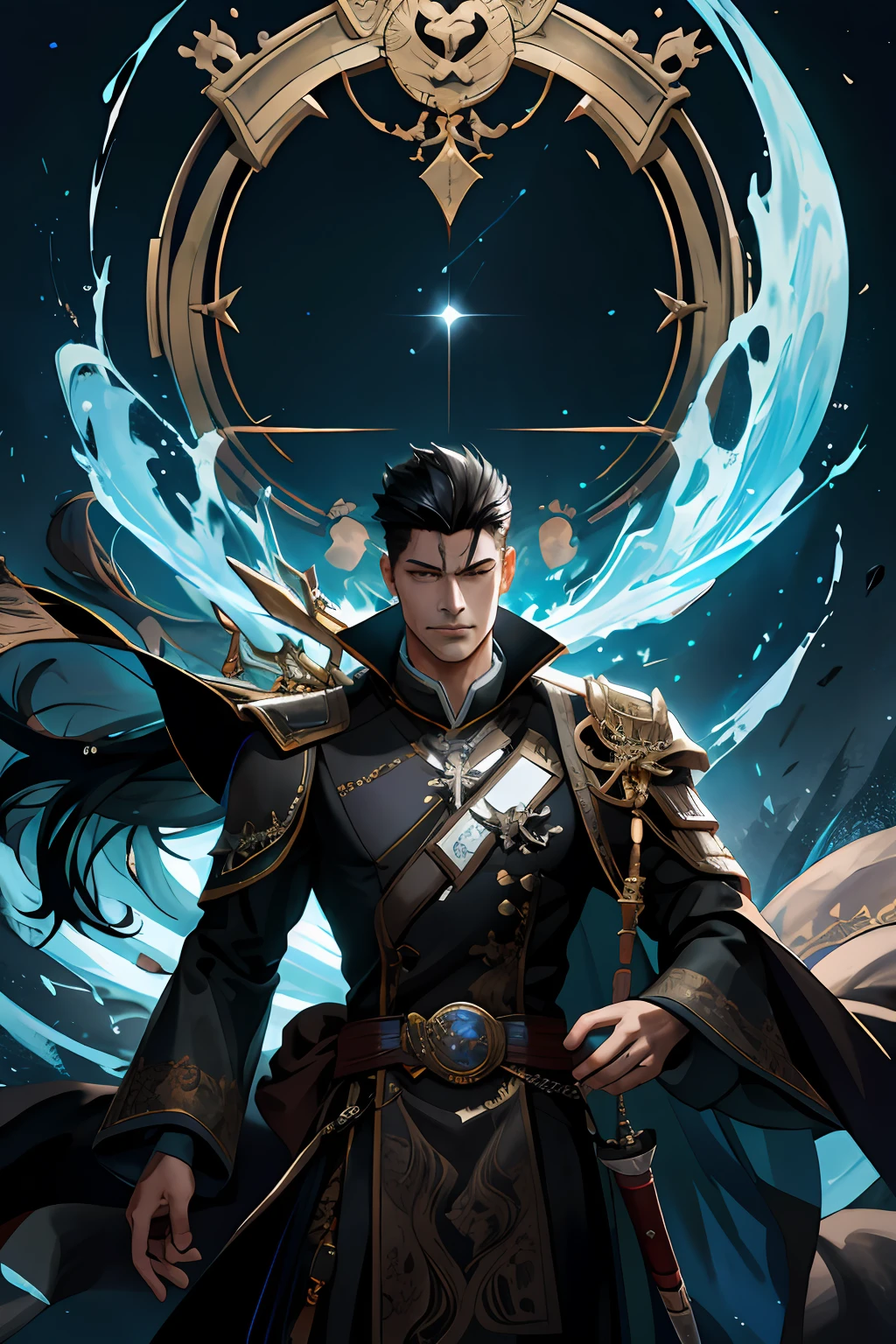 (hoang lap,A high resolution,ultra - detailed),1 male,mature,Idade,handsome,tall muscular guy,a broad shouldered,Very short black hair,Undercut,crying eyes,longer sleeves,Fine eyes and detailed face,the Extremely Detailed CG Unity 8K Wallpapers,Complicated details,(style-swirlmagic:0.8),sportrait,head looking up,独奏,Half shot,detailedbackground,(Warhammer fantasy theme:1.1) evils,focus-on,pursing lips,the witcher, Cast spells,Hover in the air,(Color waves),Floating crystals,dynamicposes,Colorful robes,hair flowing in the wind,Magic Hourglass,arcane spell,supernatural power,Grim dark reality lighting,dark castle in the background,