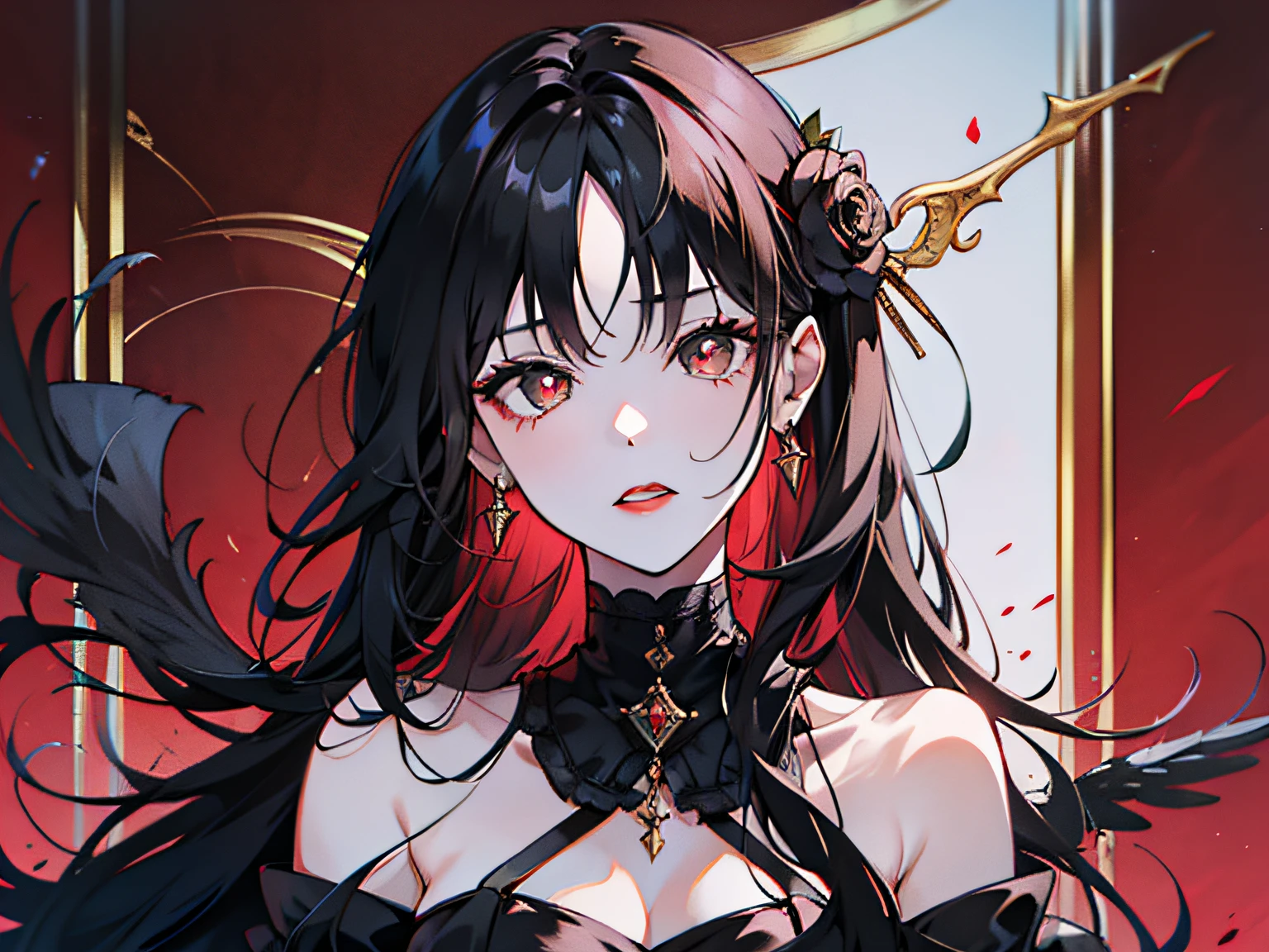 1 girl, Royal sister style, Black long hair, Black dress, Black pupils, Beautiful face, Red lips, high-end feeling, Noble,Death sickle, sickle, shining red with a black aura